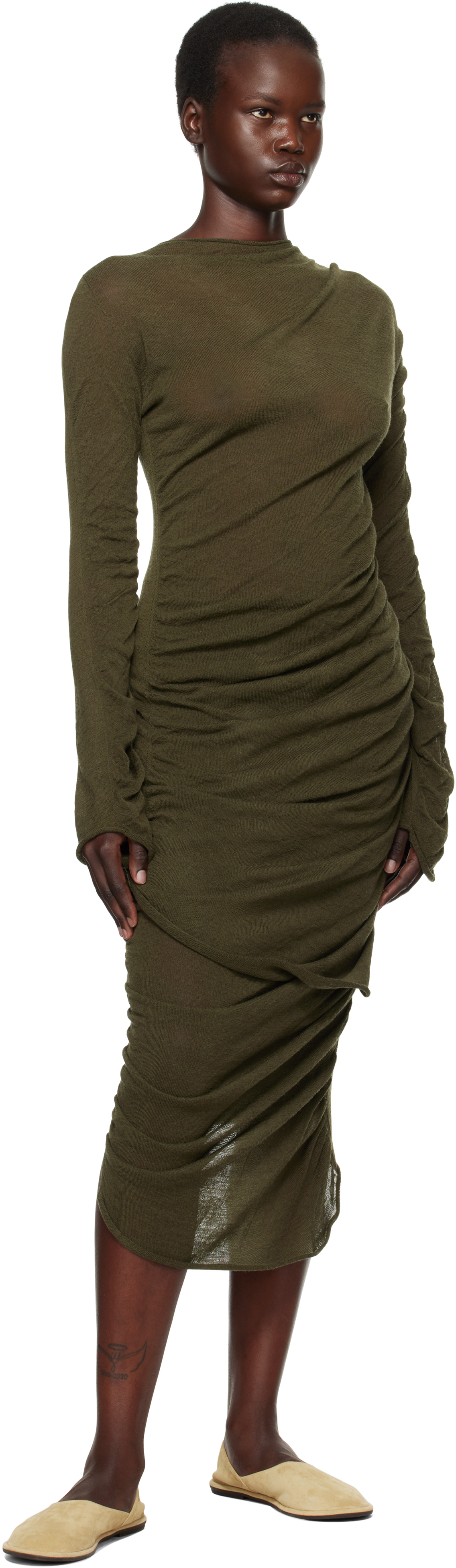 Issey Miyake Green Ambiguous Wool Midi Dress In 68 Misty Green