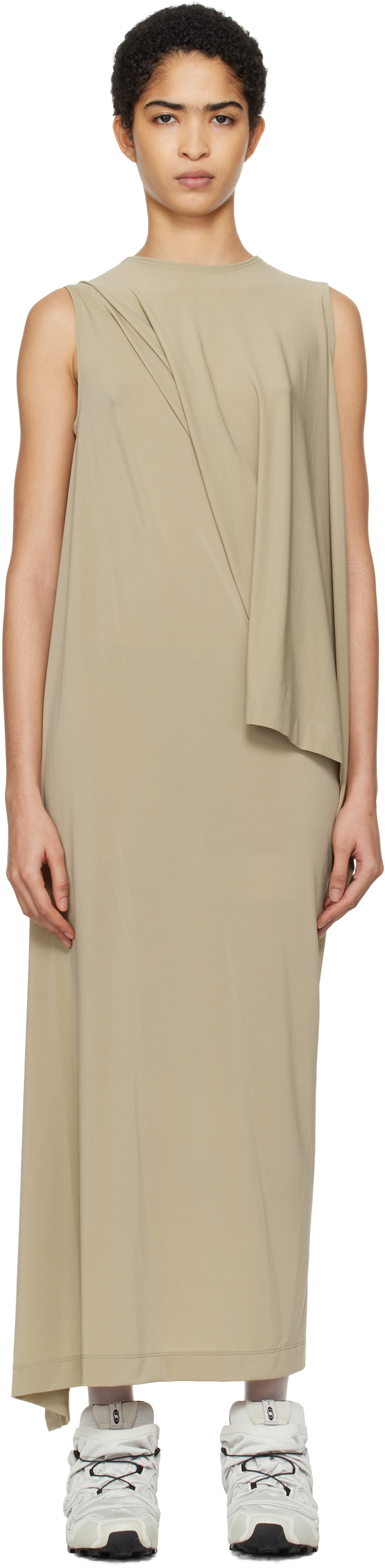 Beige Drape Jersey 48 Maxi Dress