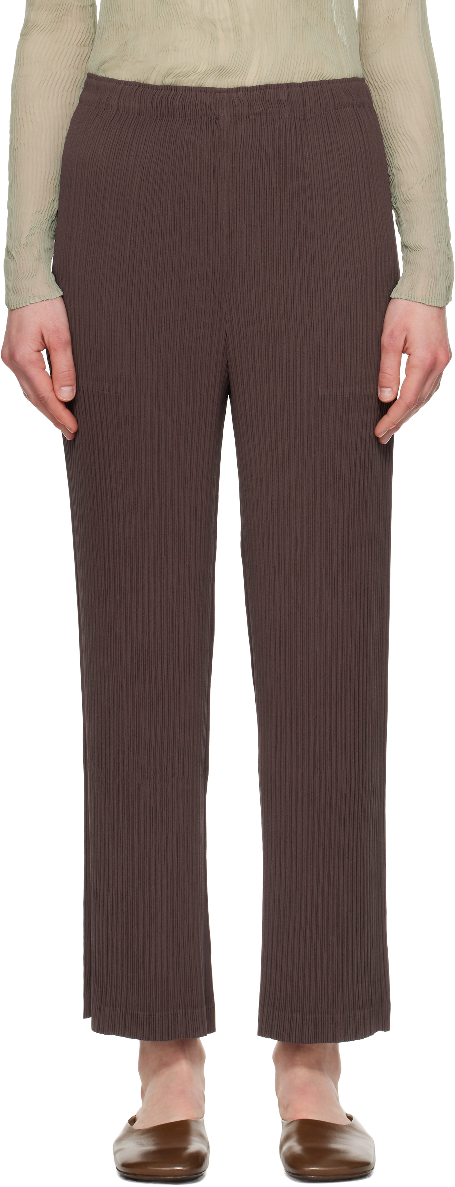 Brown Hatching Pleats Trousers