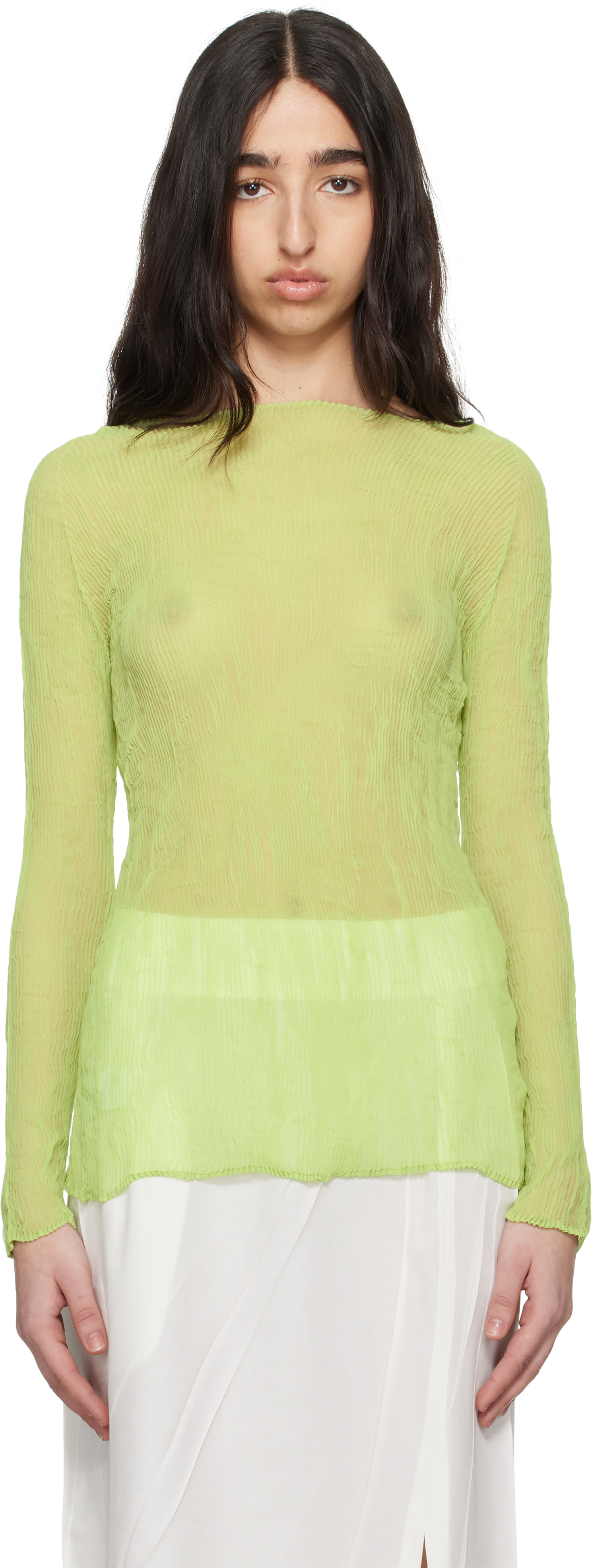 ISSEY MIYAKE: Green Chiffon Twist 2 Top | SSENSE