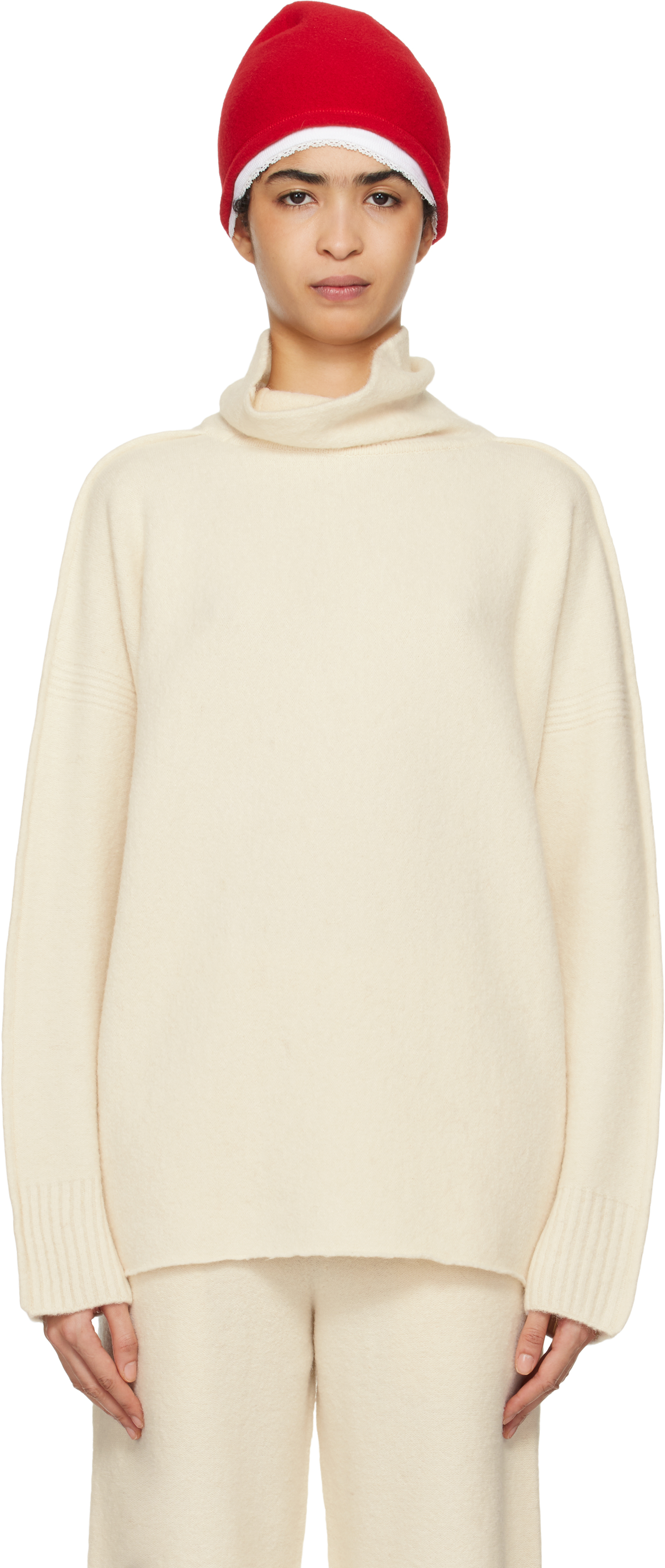 Off-White Cotton & Alpaca Knit Turtleneck by ISSEY MIYAKE on Sale