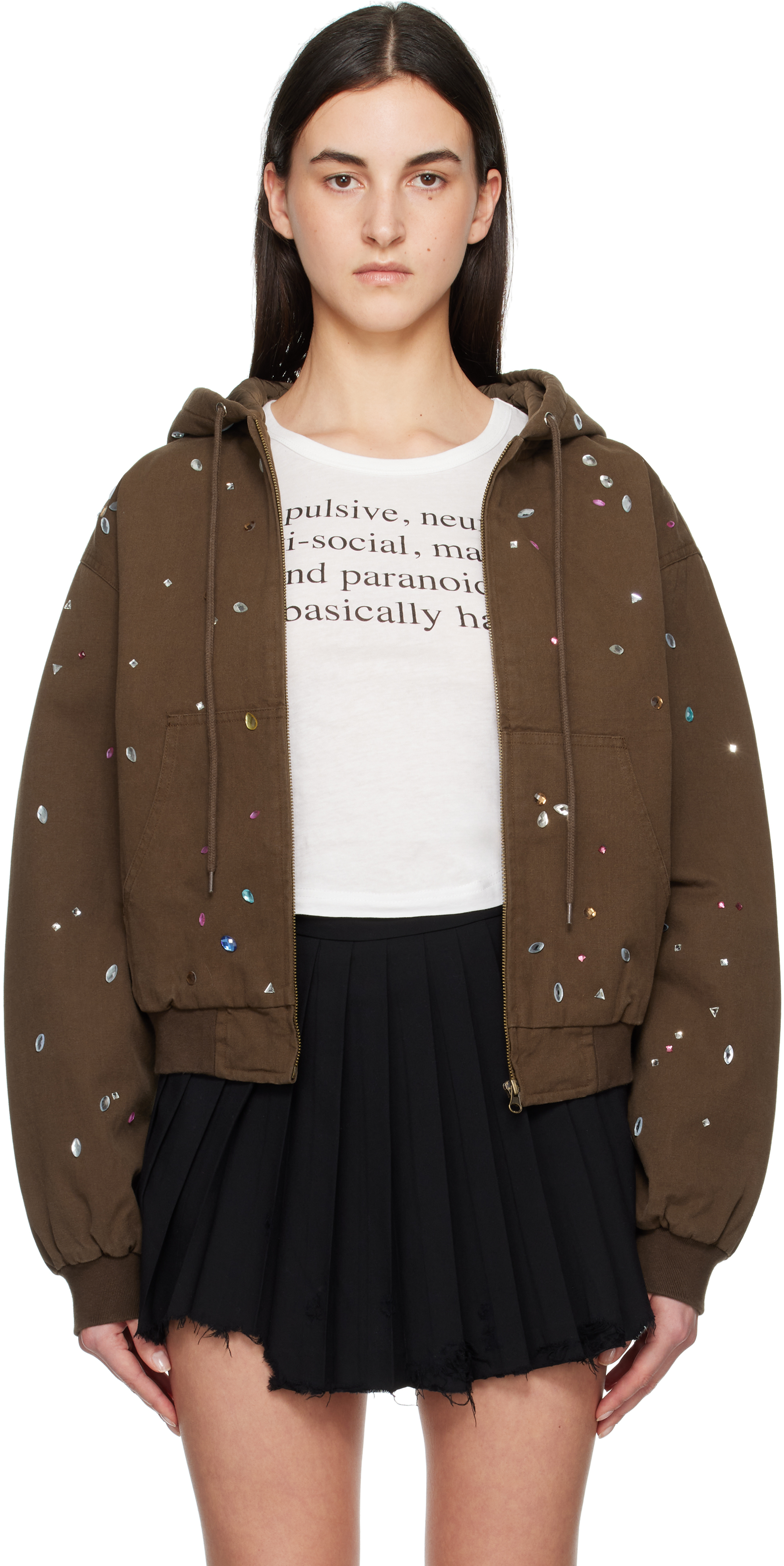 Brown Bejewled Canvas Work Jacket