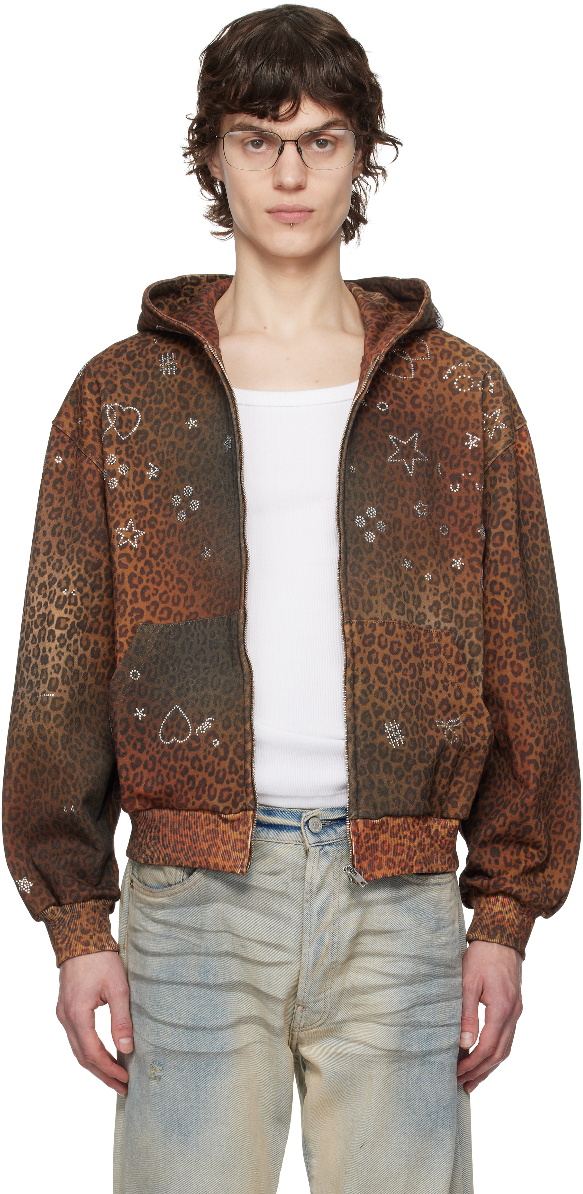 Brown Leopard Rhinstone Hoodie