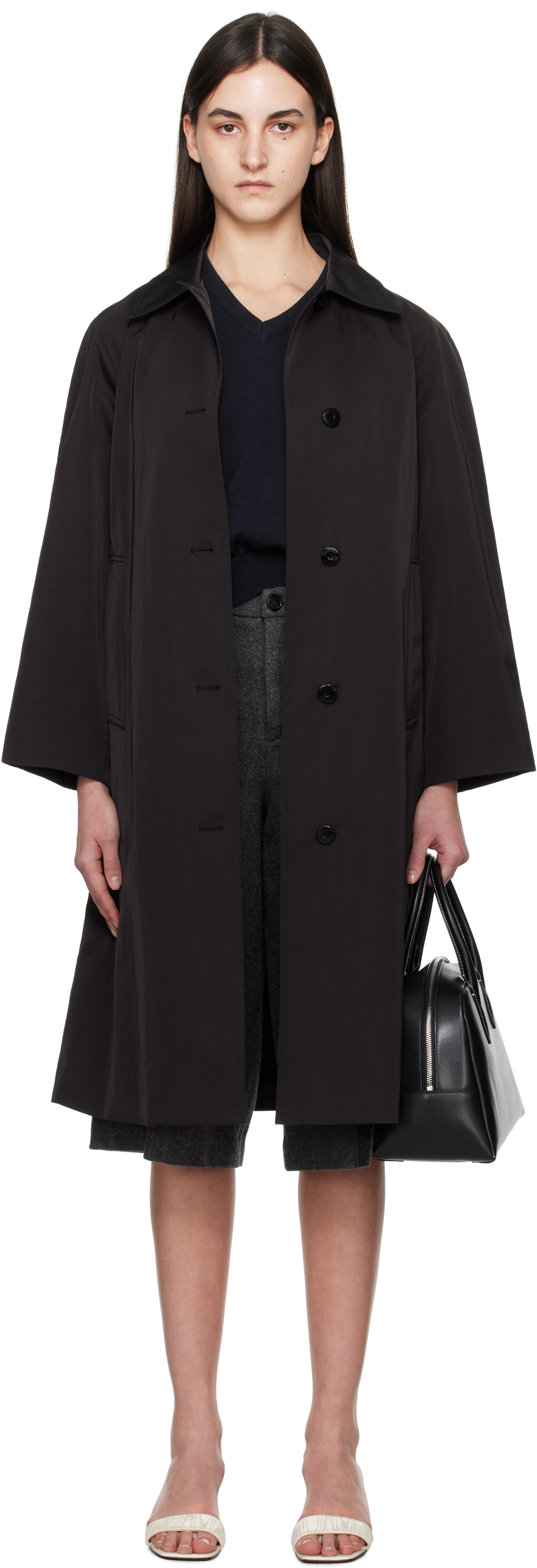 Black Nylon Volume Balmacaan Trench Coat