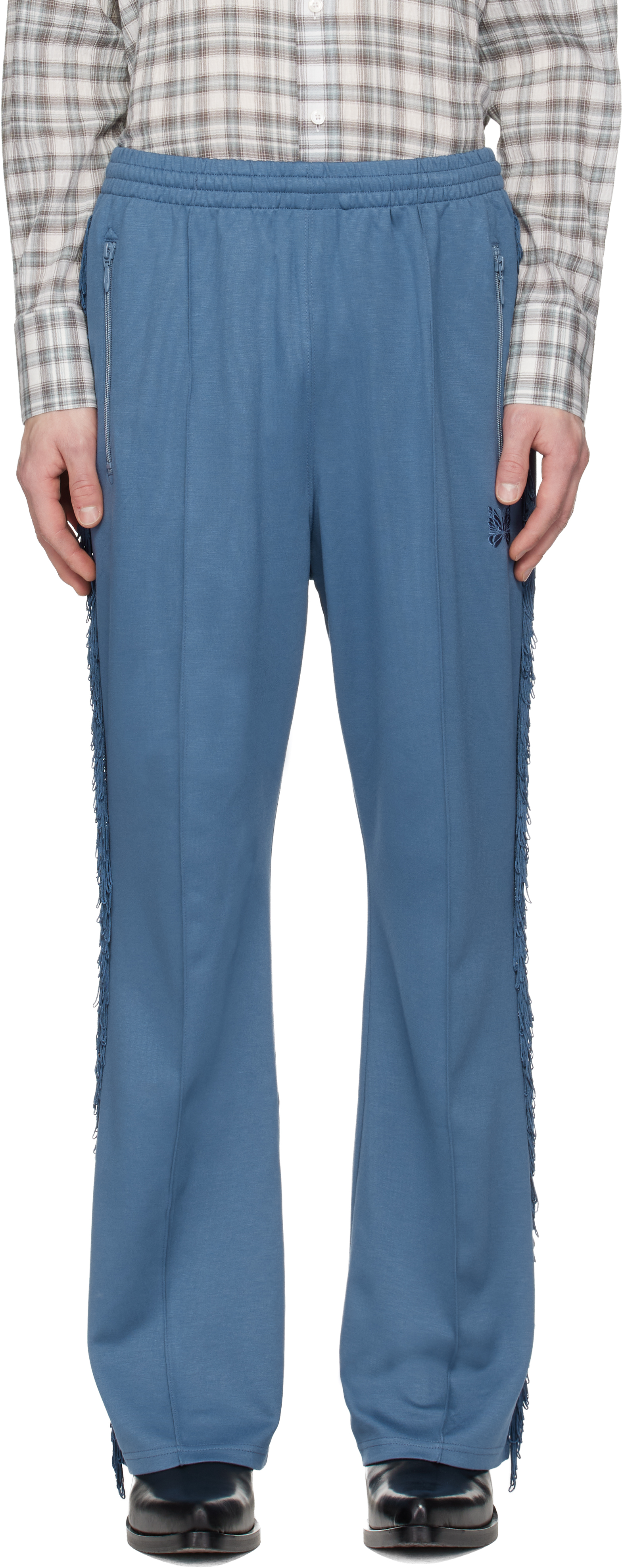 NEEDLES: Navy Fringe Boot-Cut Track Pants | SSENSE
