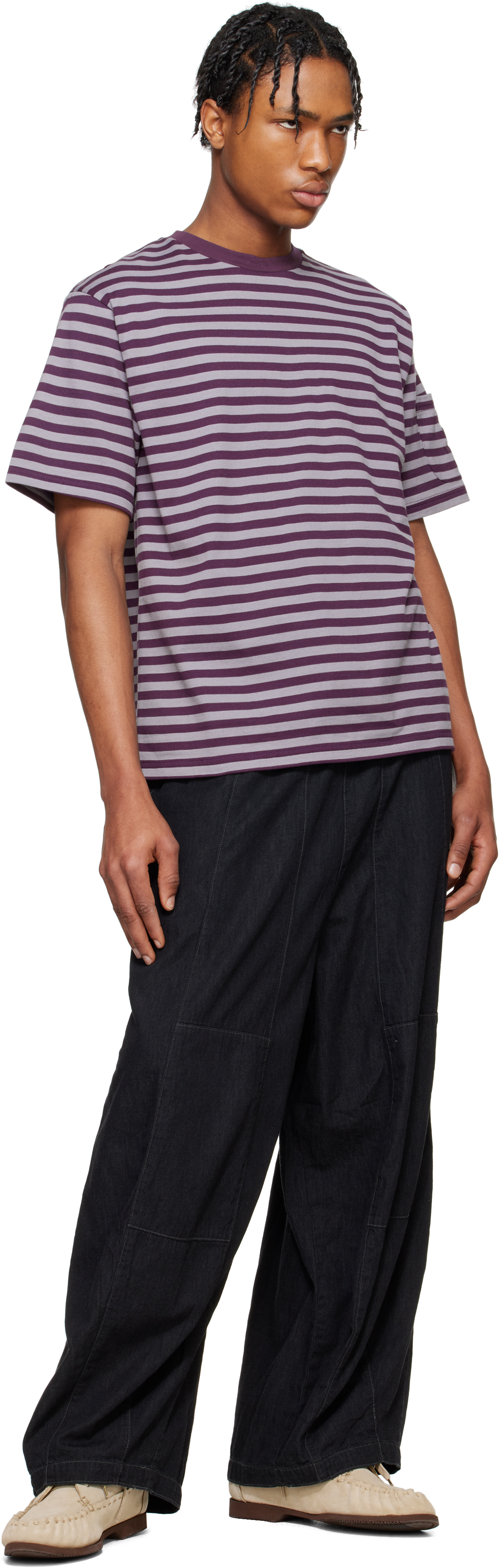 NEEDLES PURPLE COTTON STRIPE T-SHIRT 