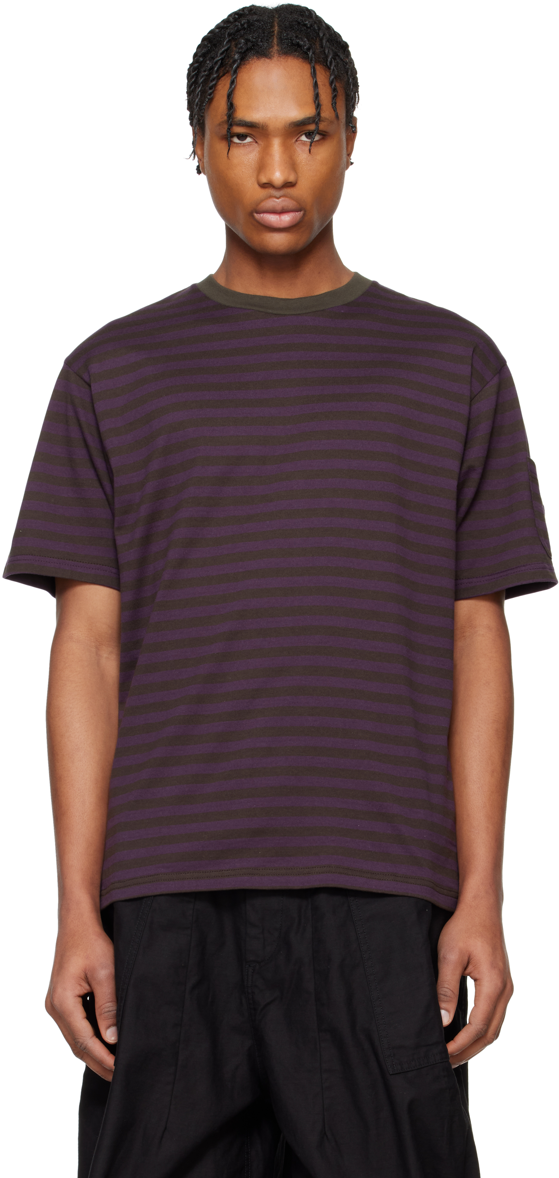 NEEDLES PURPLE & BLACK COTTON STRIPE T-SHIRT