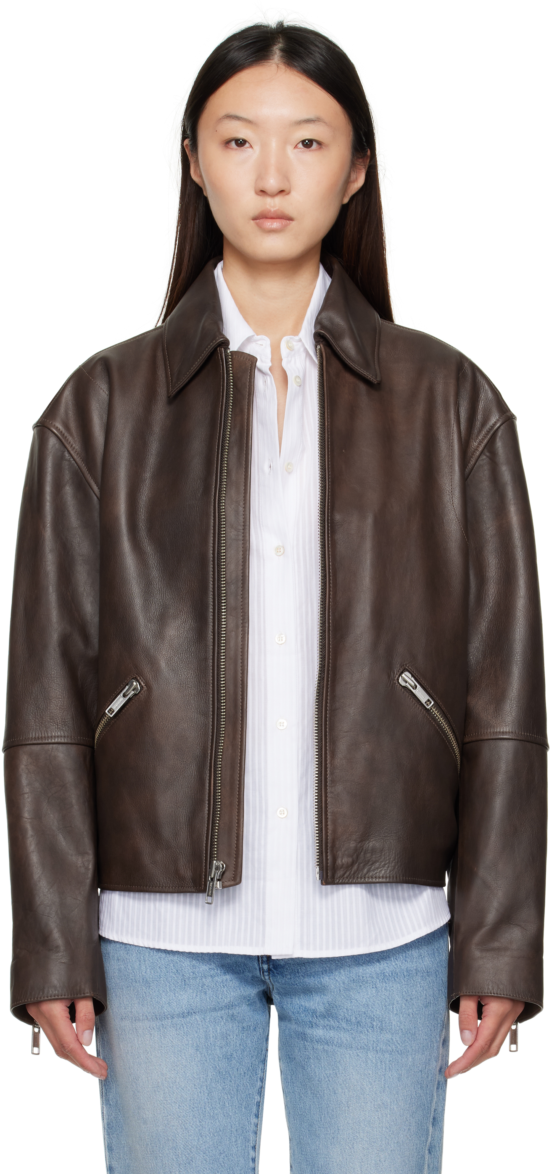 Brown Biker Distressed Leather Jacket