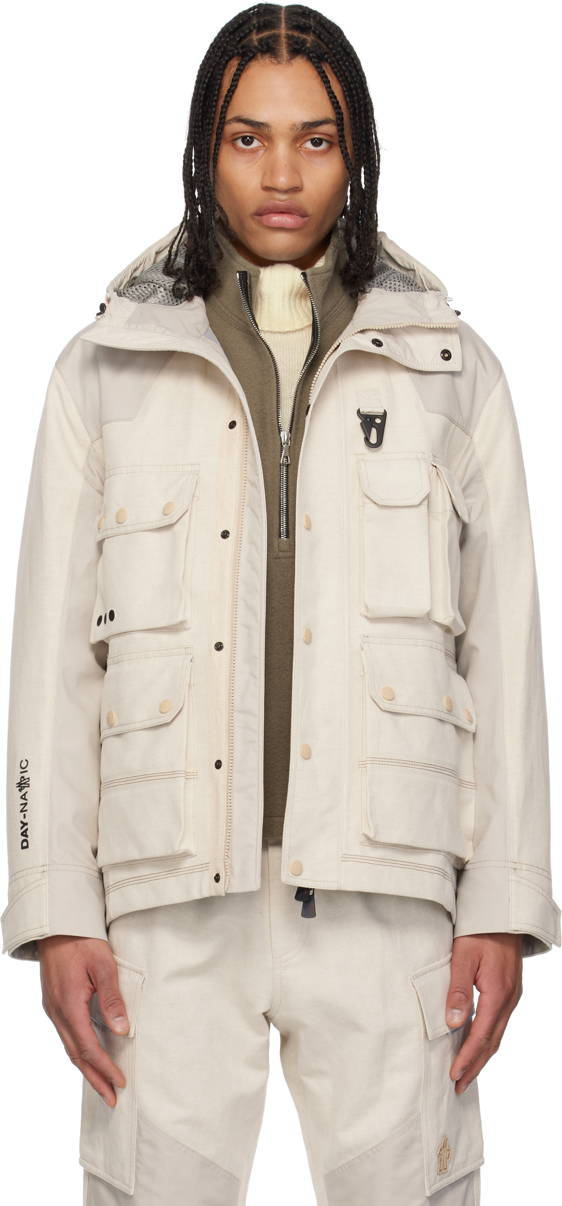 Beige Spur Hooded Linen & Cotton Field Jacket