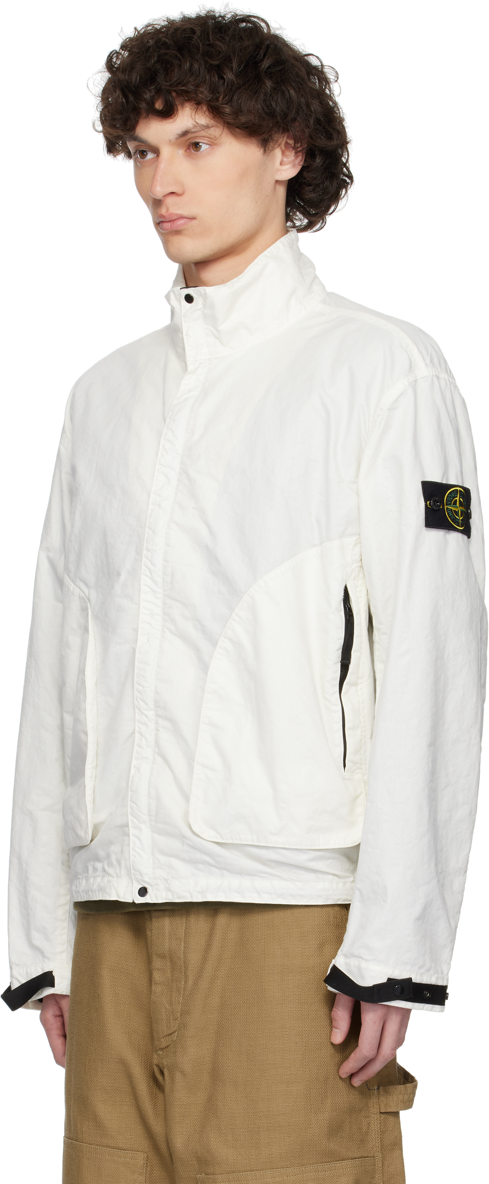 Stone Island White Jacket With Logo Patch And Contrasting Details