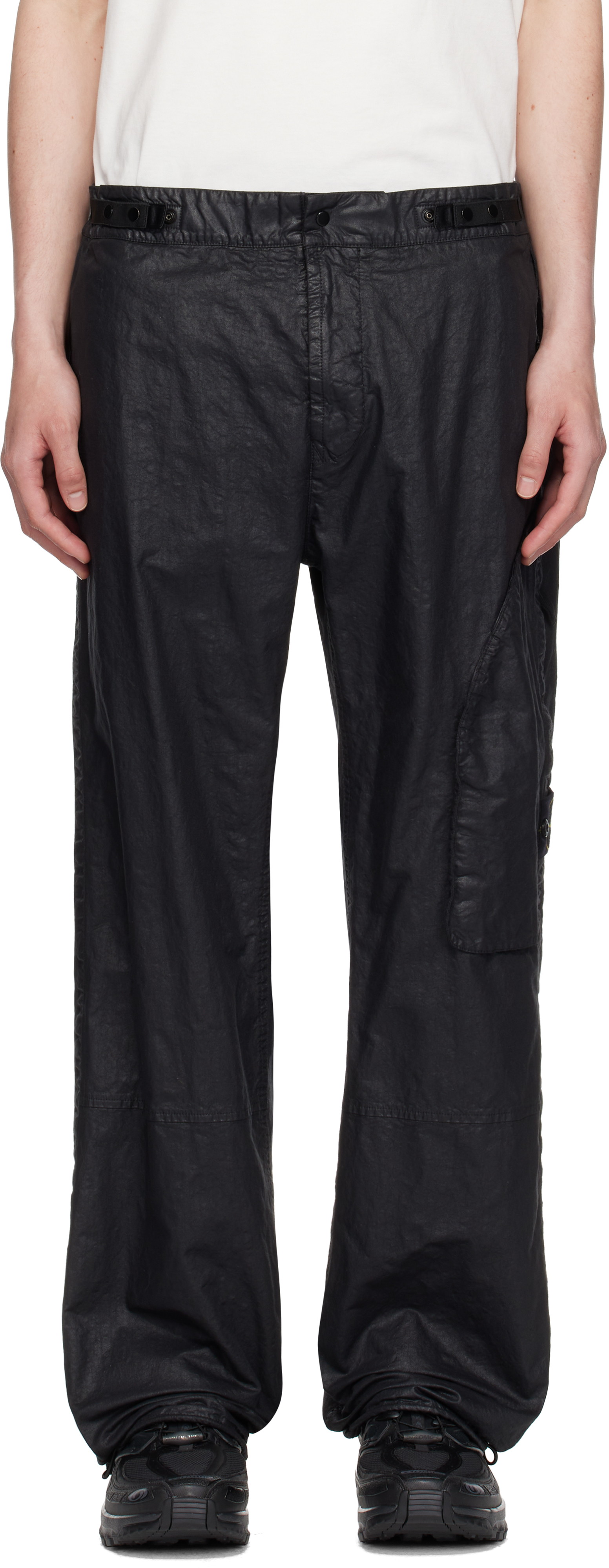 Black Organic Look Nylon Panama-TC Cargo Pants