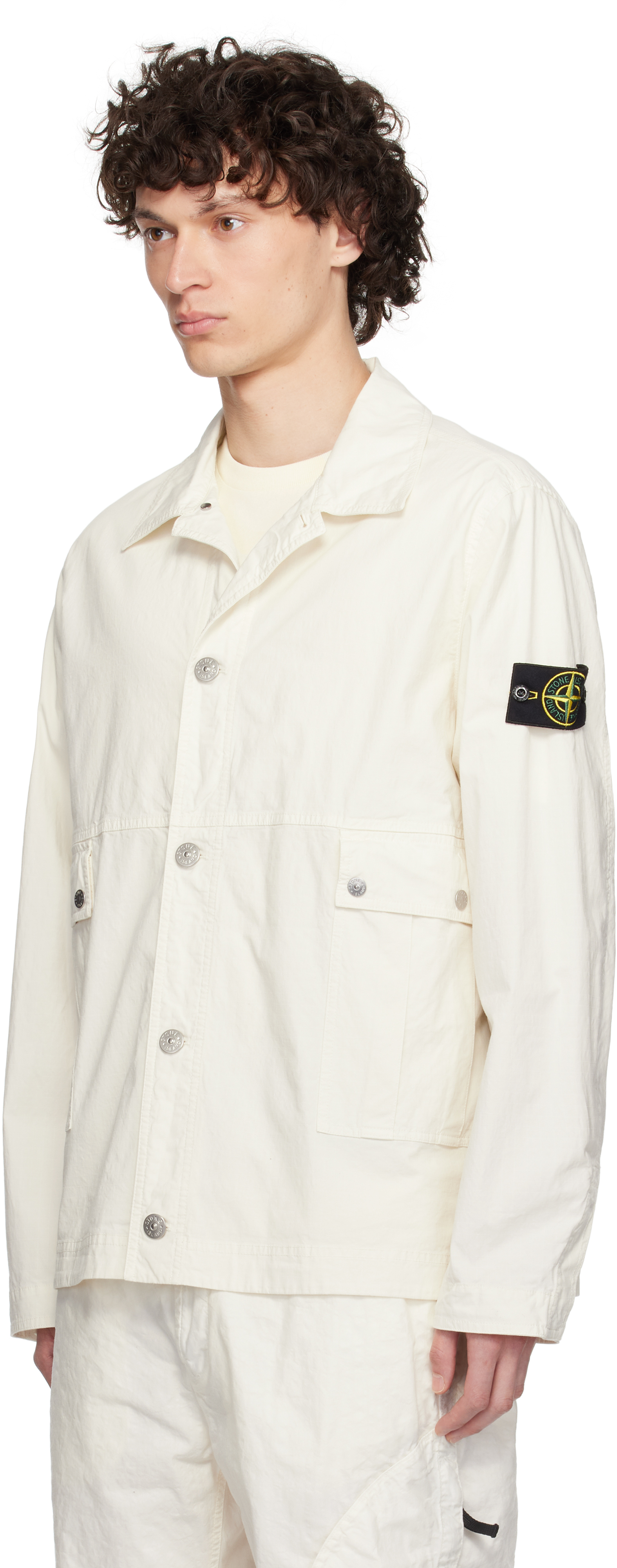 Stone Island Overshirt With Patch Pockets And Snap Cuffs In White