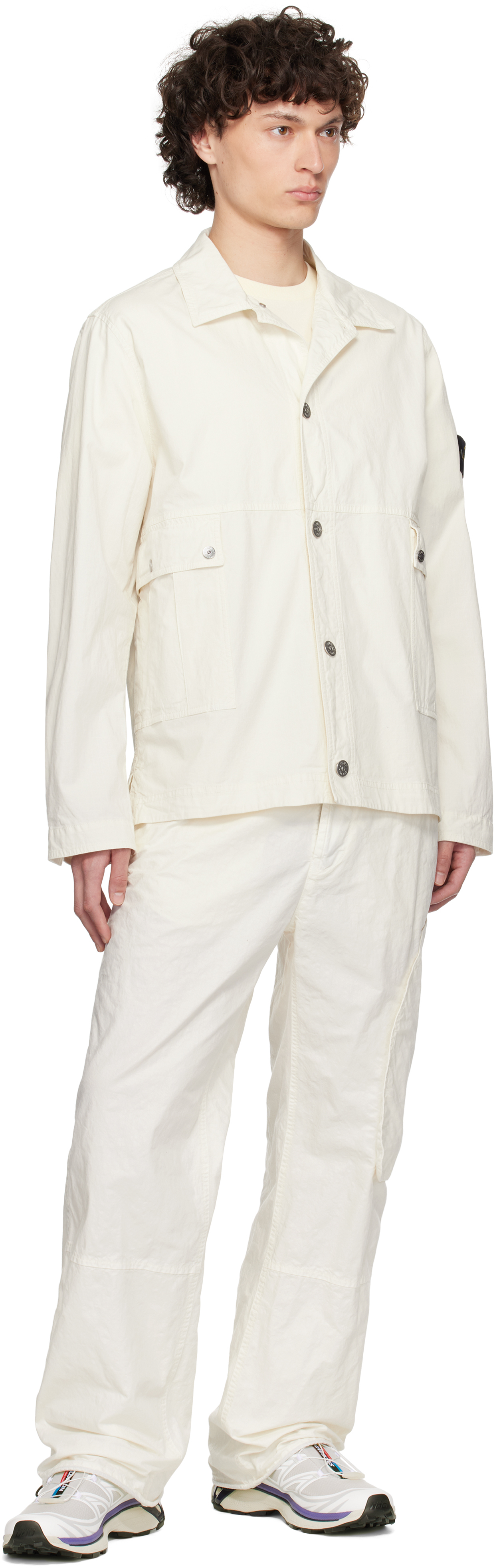Stone Island Overshirt With Patch Pockets And Snap Cuffs In White