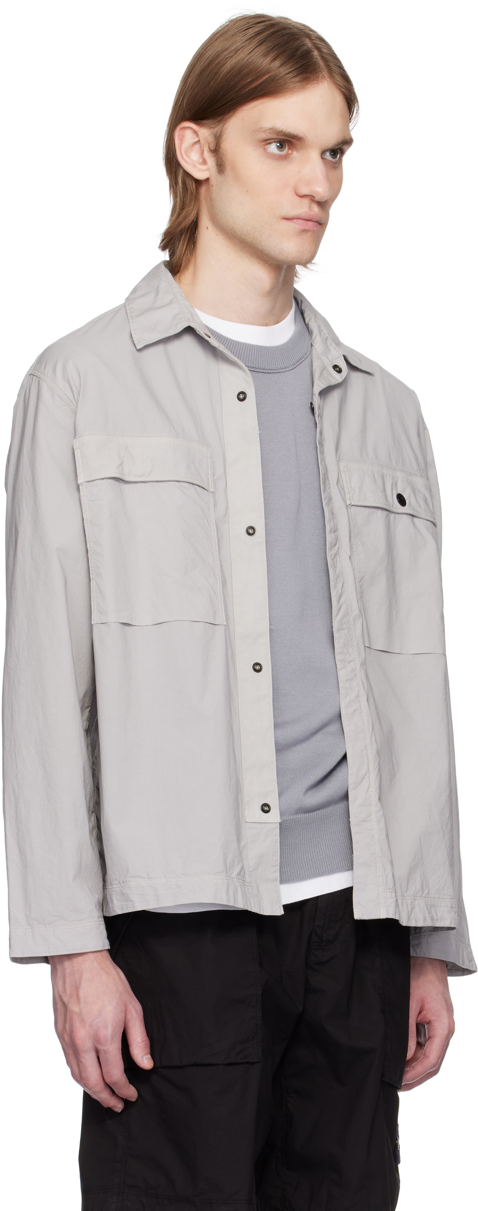 Stone Island Gray Stretch Cotton Tela Paracadute Overshirt In V0061 Pearl Grey