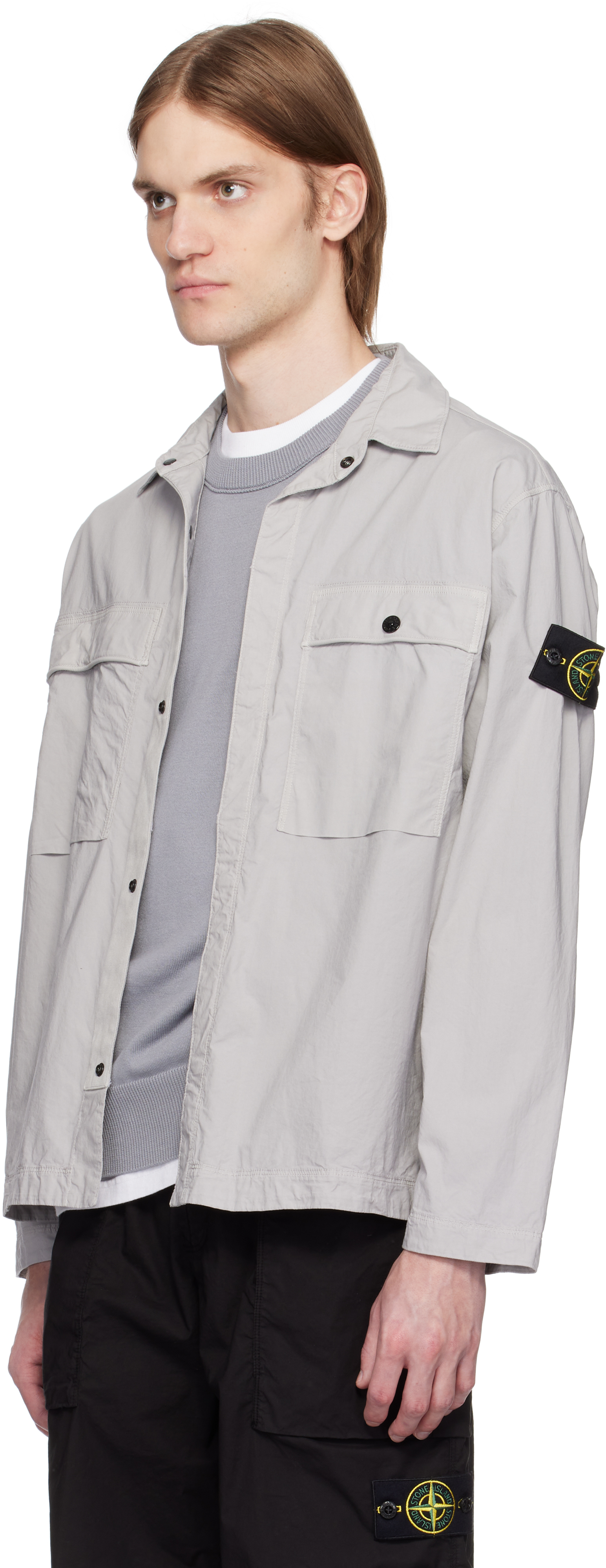 Stone Island Gray Stretch Cotton Tela Paracadute Overshirt In V0061 Pearl Grey