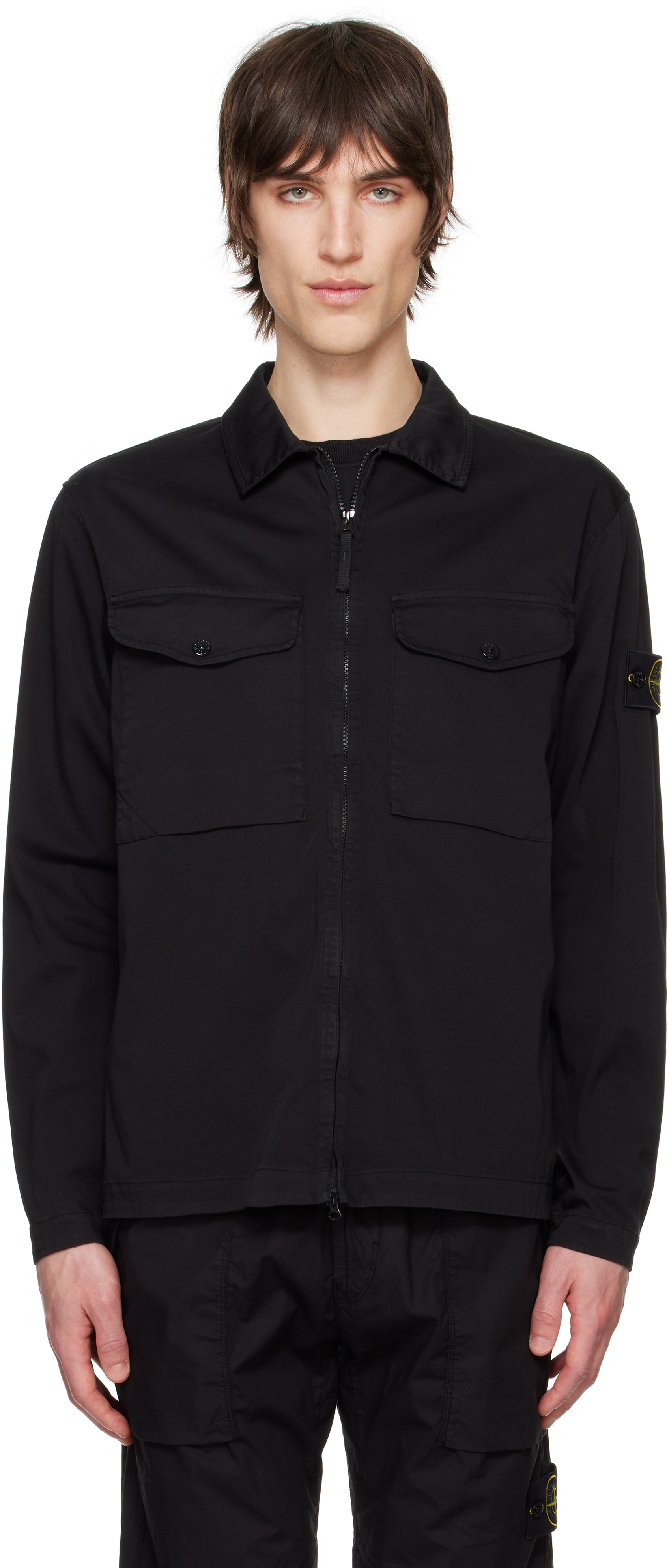 Black Organic Stretch Cotton Overshirt by Stone Island on Sale