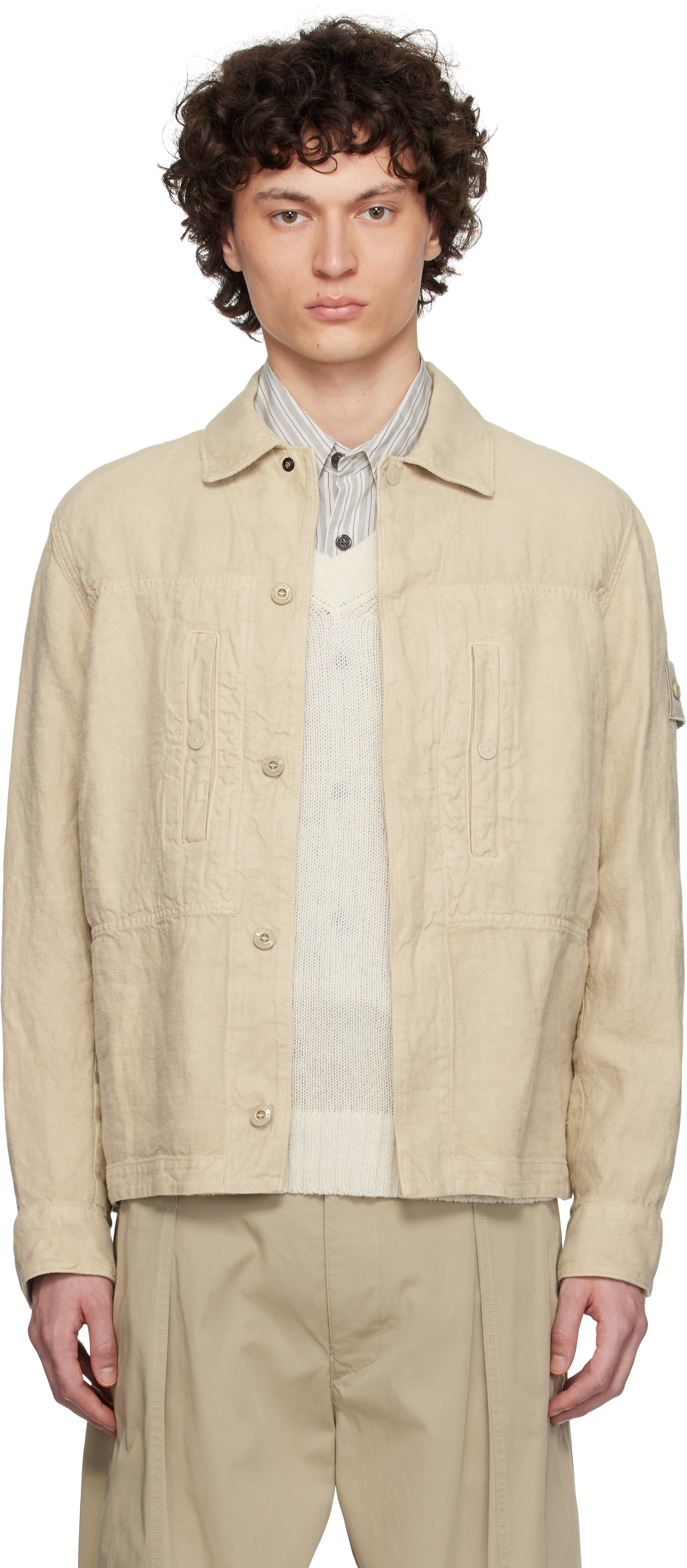 Beige Diagonal Linen Overshirt