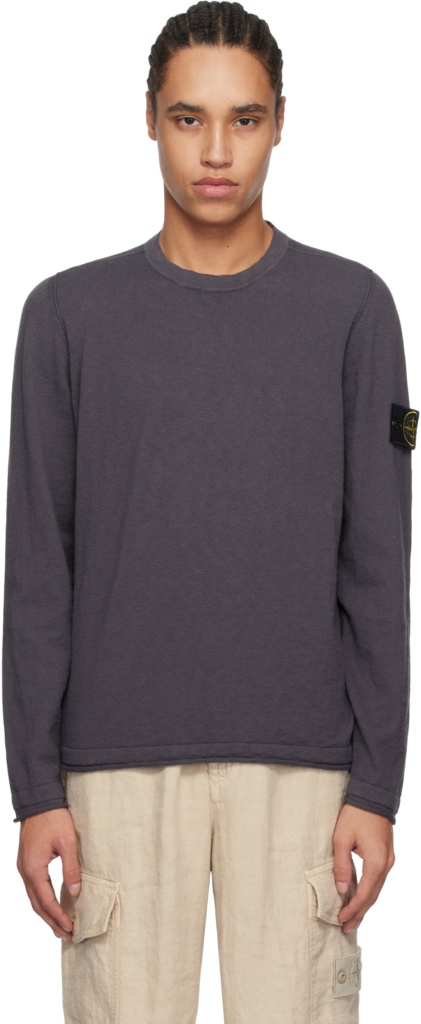 Stone Island Round-neck Sweatshirt With Ribbed Cuffs And Logo Detail In V0065 Charcoal