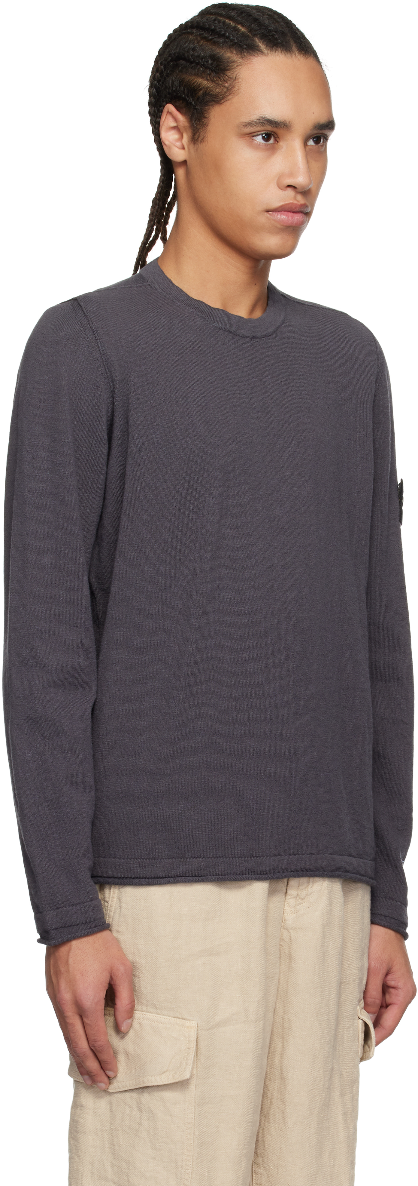 Stone Island Round-neck Sweatshirt With Ribbed Cuffs And Logo Detail In V0065 Charcoal