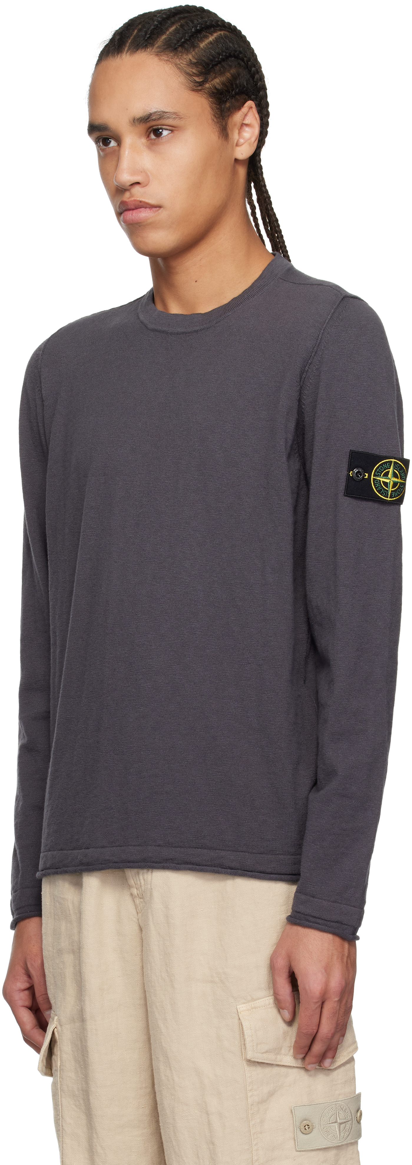 Stone Island Round-neck Sweatshirt With Ribbed Cuffs And Logo Detail In V0065 Charcoal