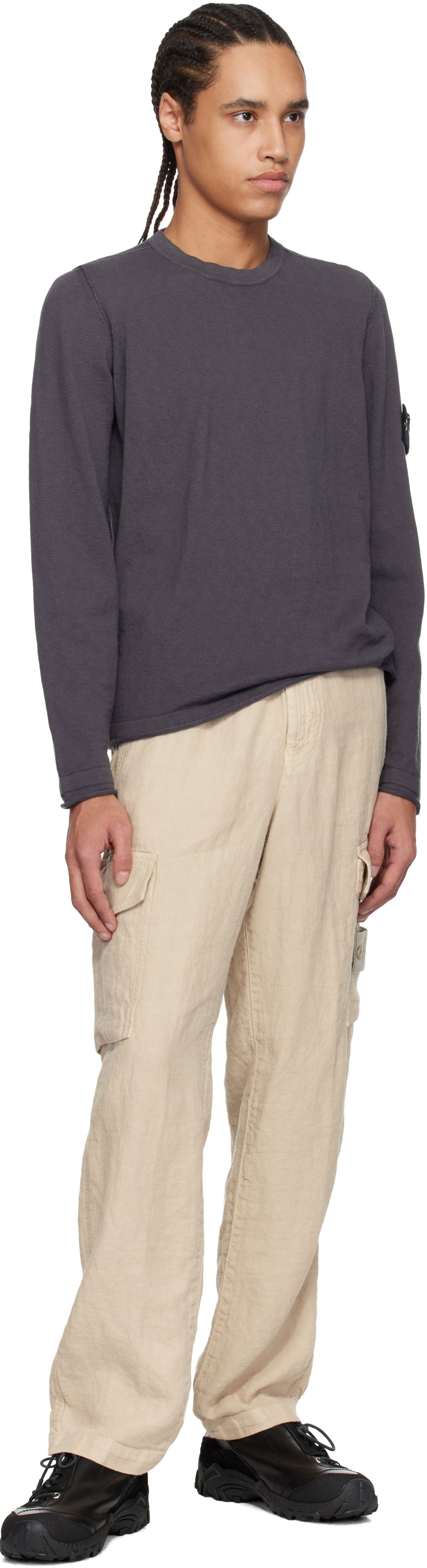 Stone Island Round-neck Sweatshirt With Ribbed Cuffs And Logo Detail In V0065 Charcoal