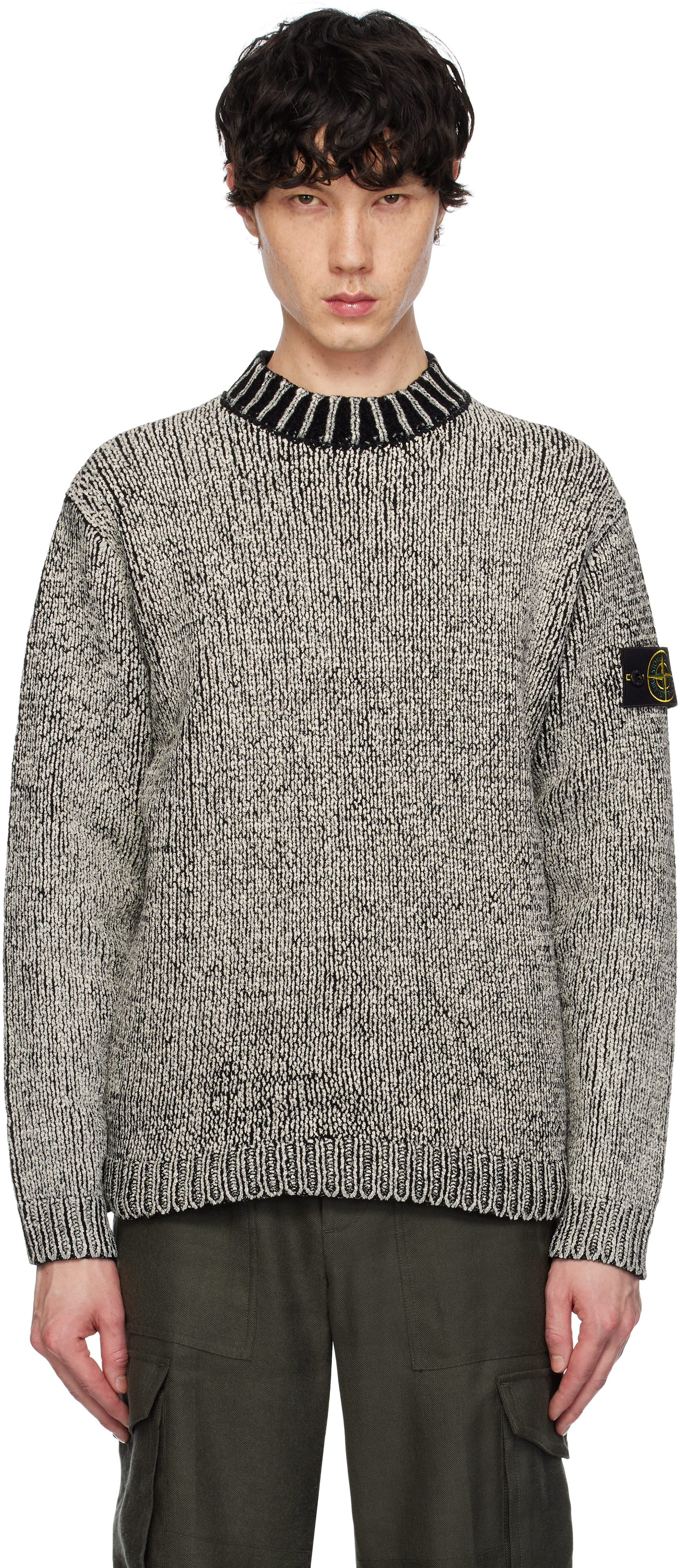 Black & Off-White Crewneck Cotton Chenille Sweater