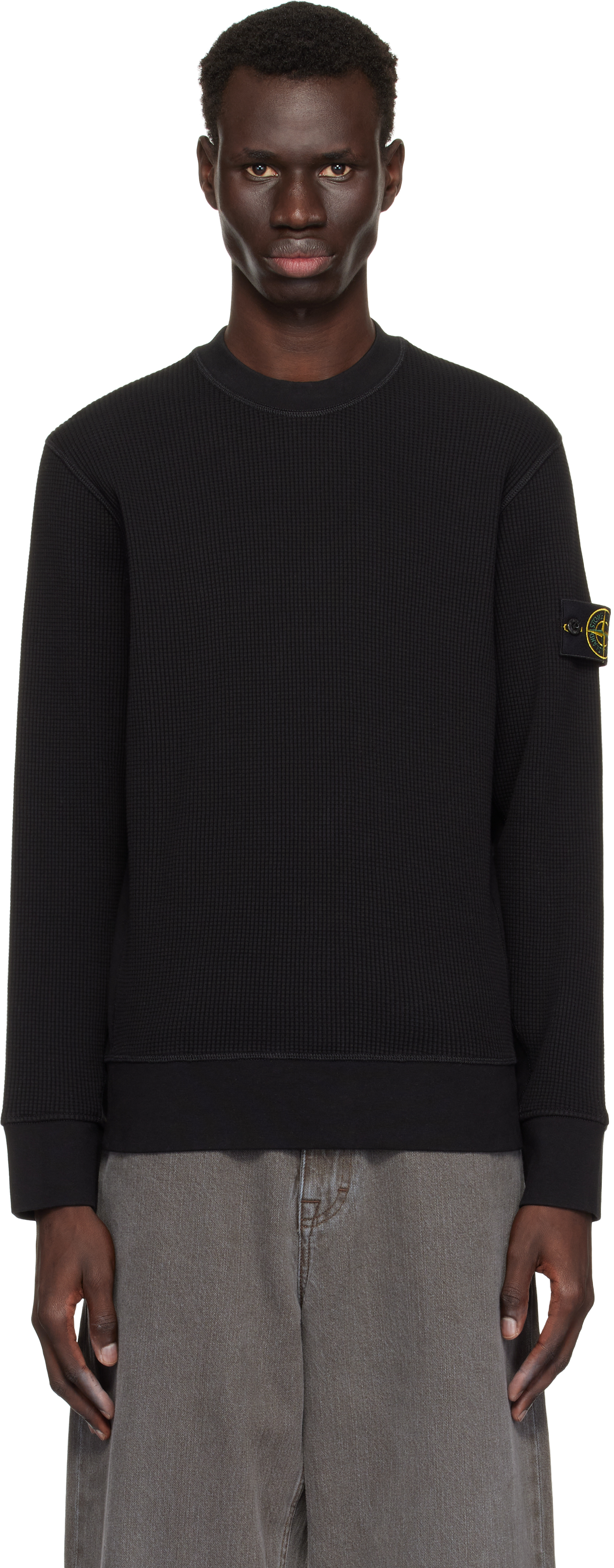 Stone Island: ブラック 6100008 オーガニックコットン ワッフル Stone Island: ブラック 6100008 オーガニックコットン ワッフル