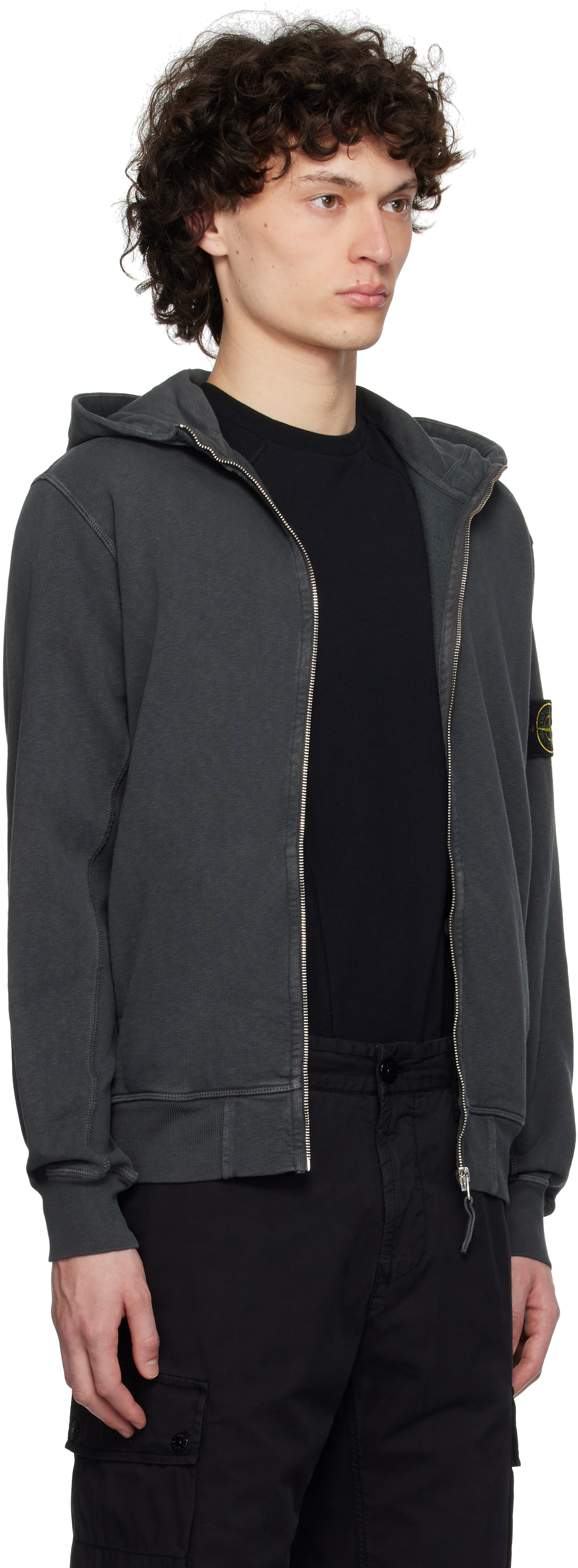 Stone Island Front Zip Closure Grey Zipper Hoodie In V0165 Charcoal