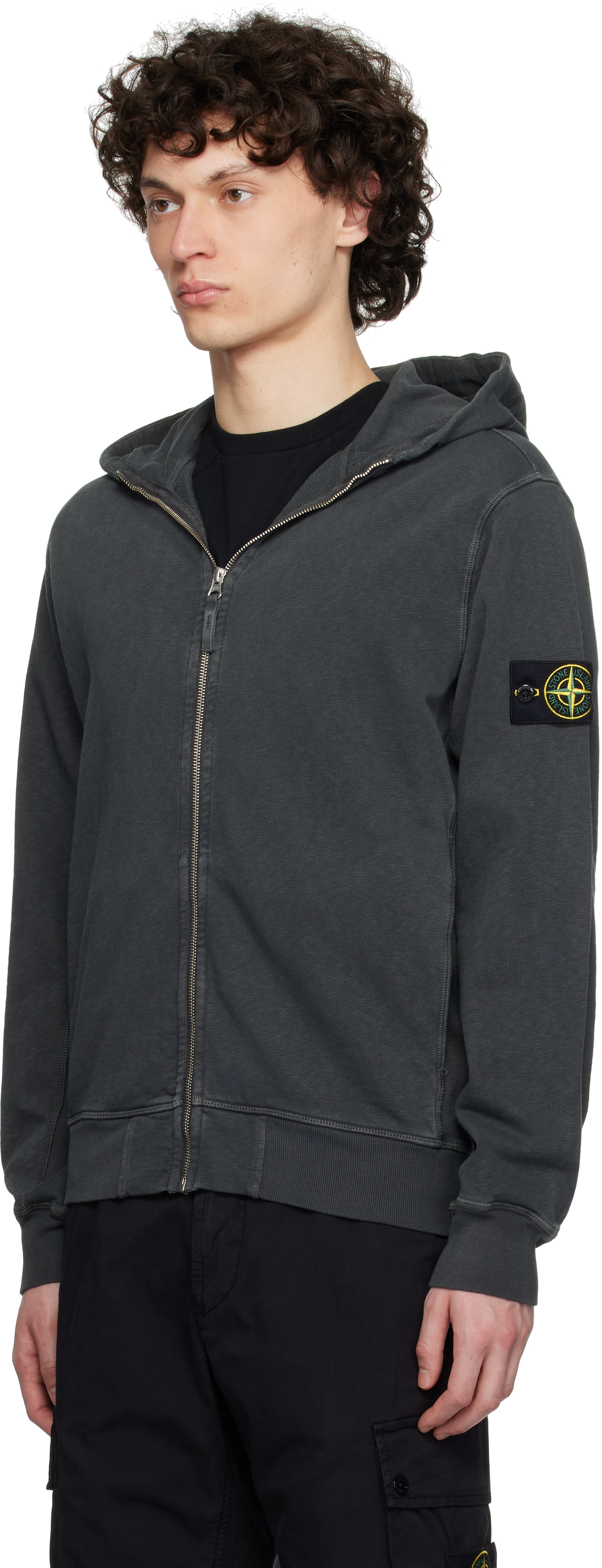 Stone Island Front Zip Closure Grey Zipper Hoodie In V0165 Charcoal
