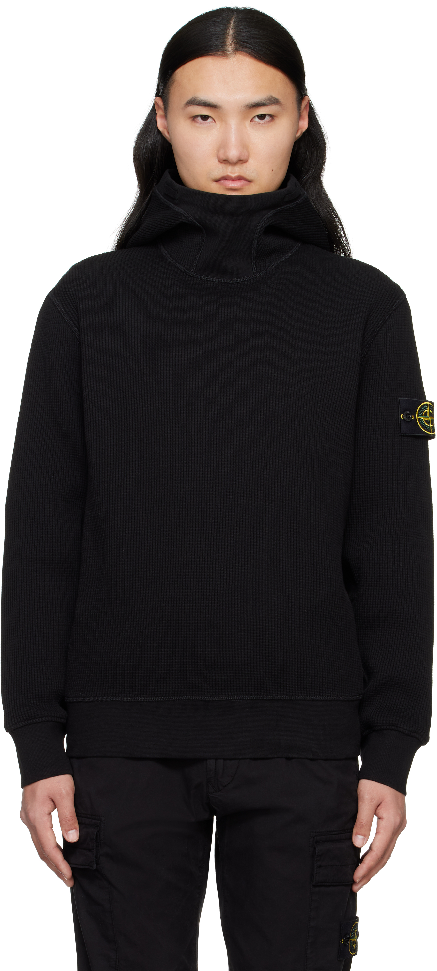 Black Organic Cotton Waffle Fleece Hoodie