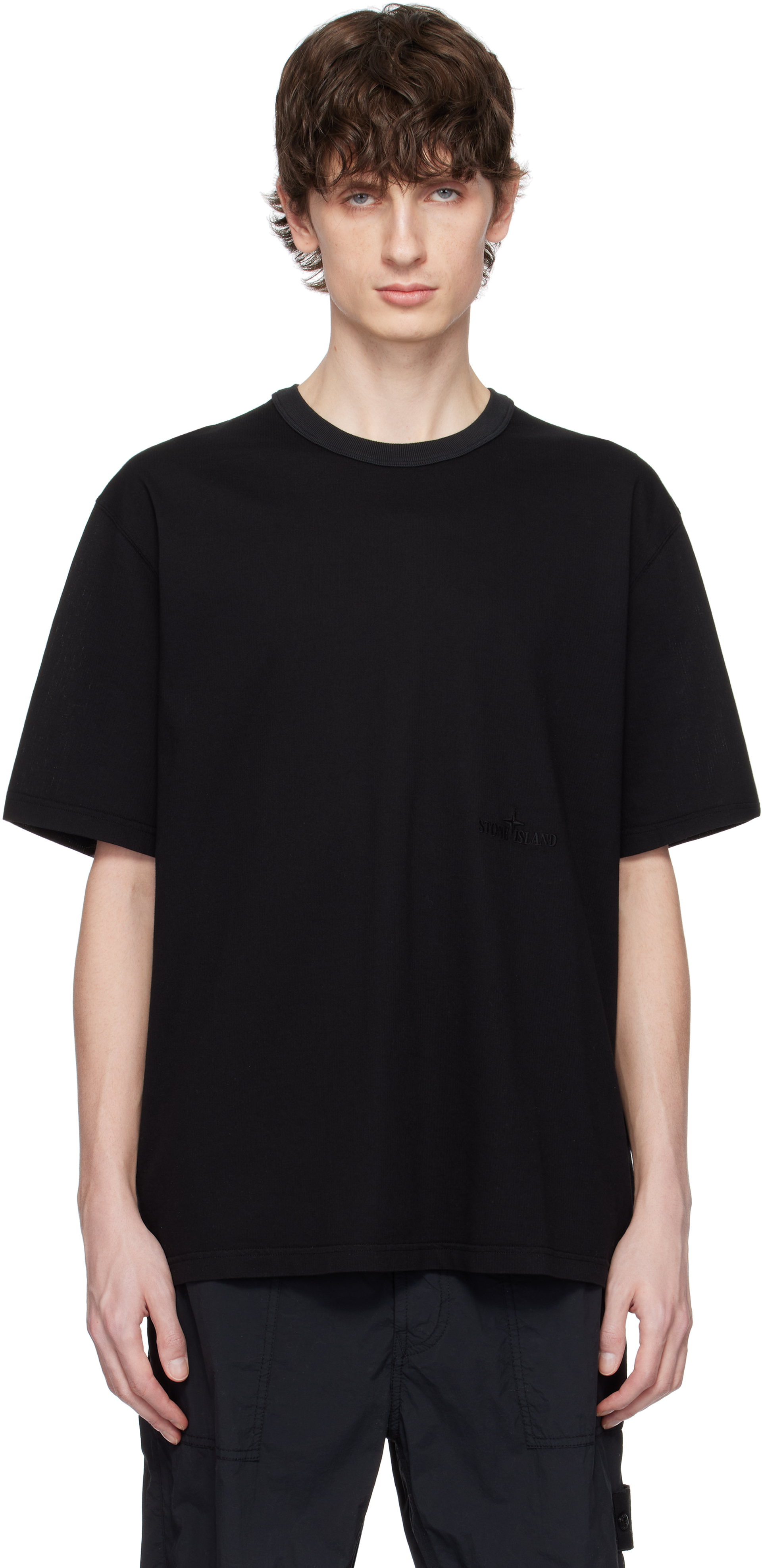 Black Textured Mercerized Cotton Jersey T-shirt