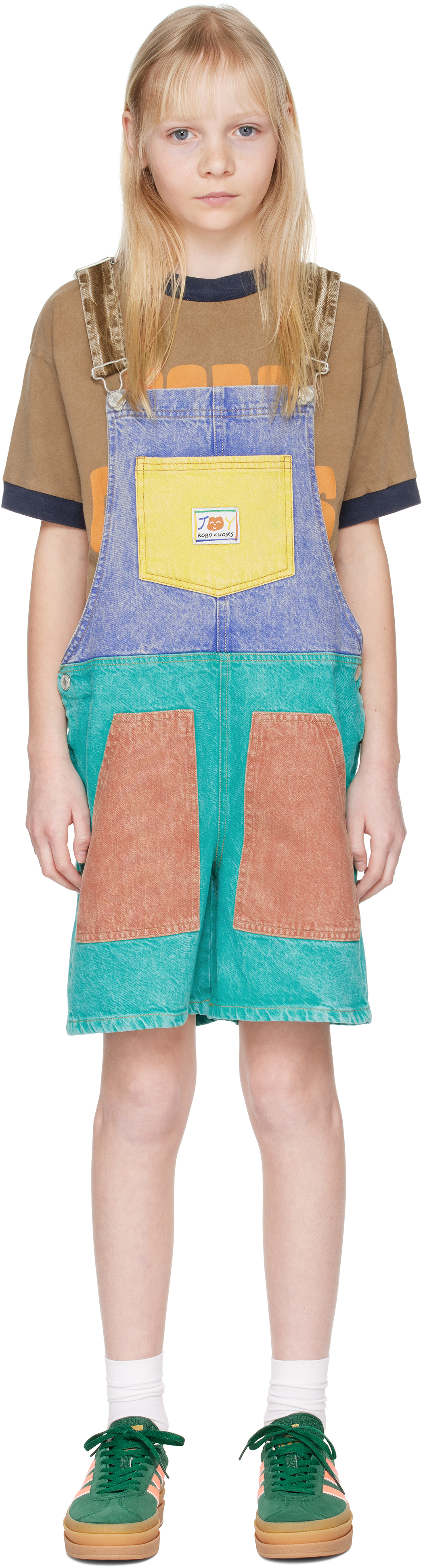 BOBO CHOSES KIDS MULTICOLOR SMILING COLOR BLOCK DENIM OVERALLS