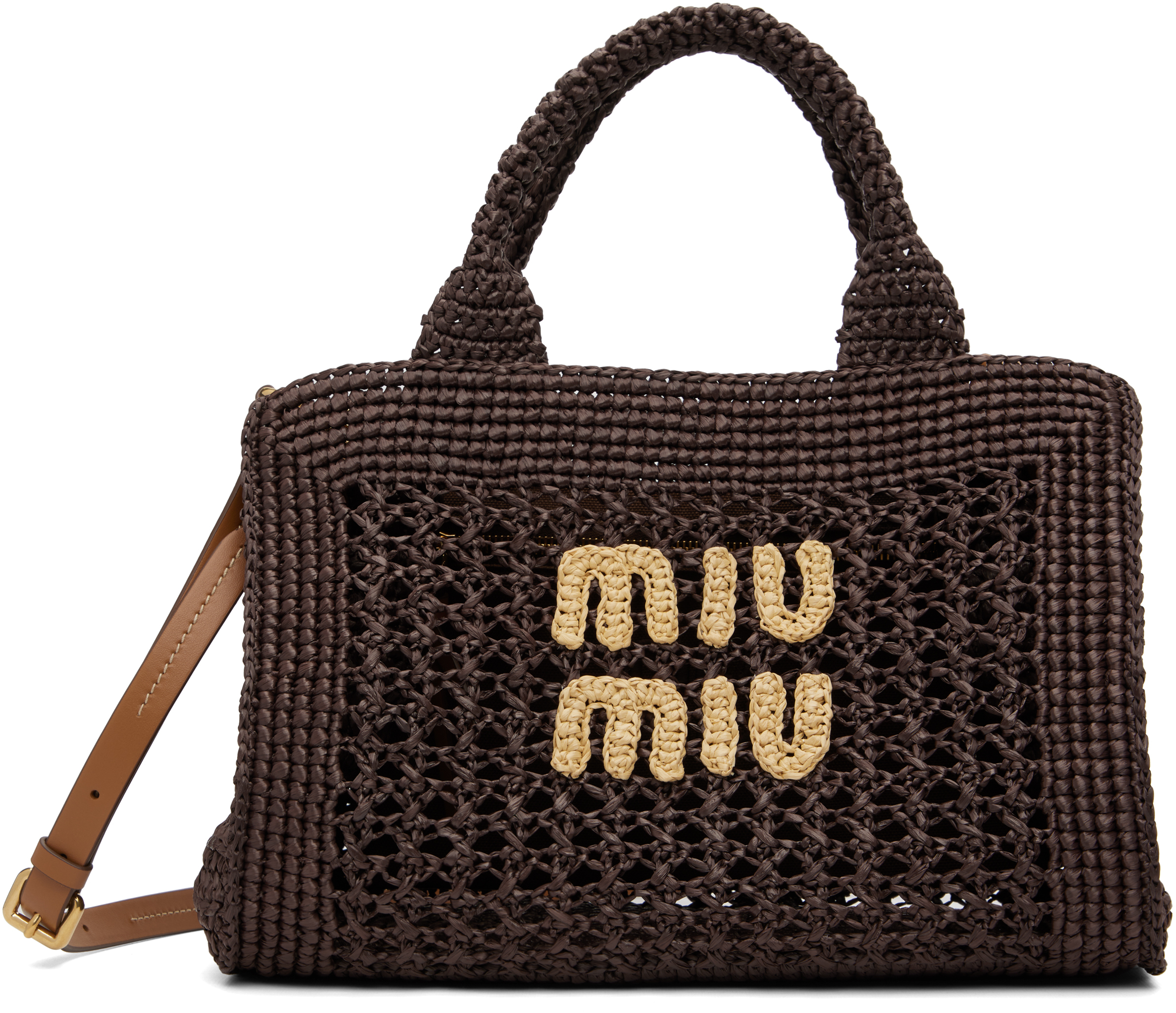 トートバッグ MIUMIU BROWN RAFFIA SHOPPING BAG Miu Miu: Brown Raffia-Effect Woven Bag | SSENSE Canada