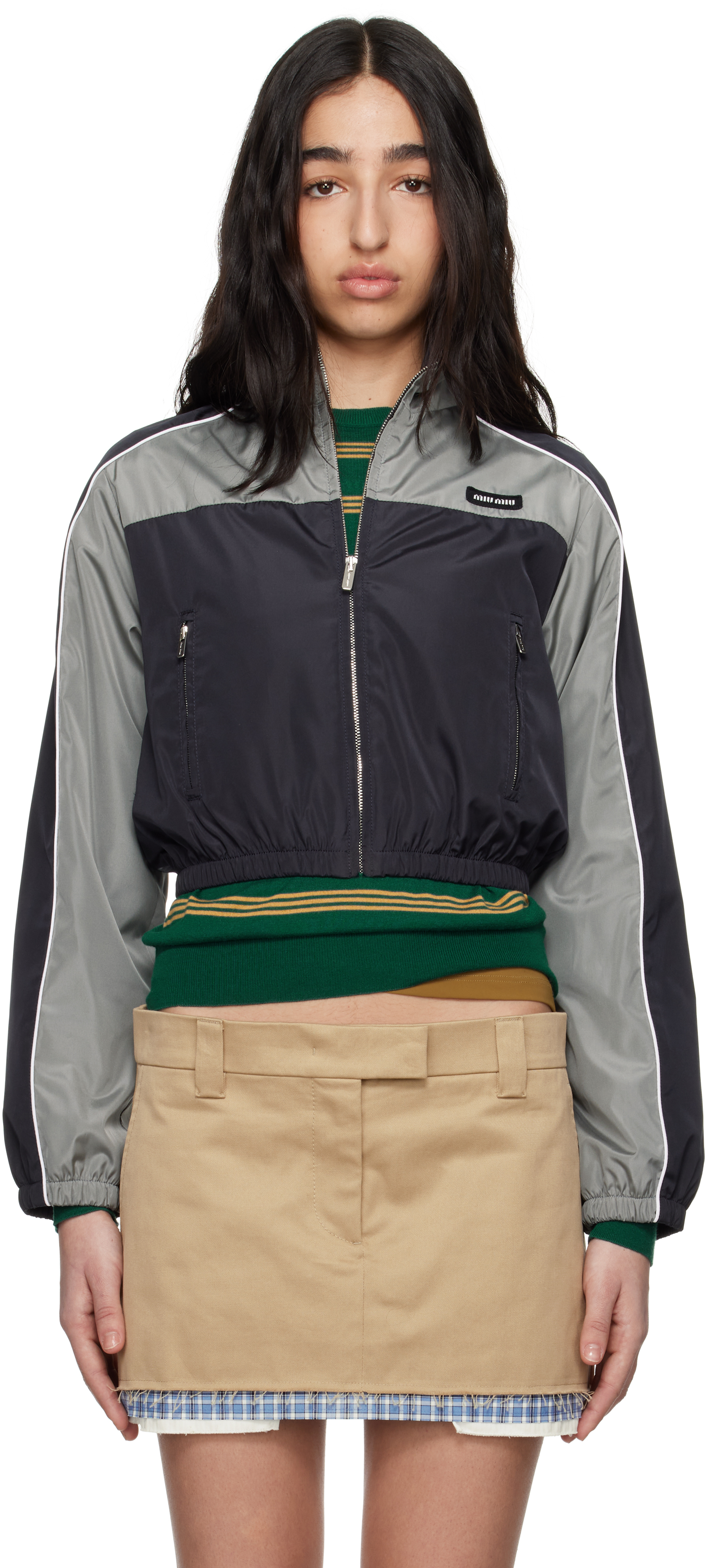 ブルゾン MiuMiu | Technical silk zipper blouson jacket Blue/amarena Red Technical Silk Zipper Blouson Jacket | Miu Miu