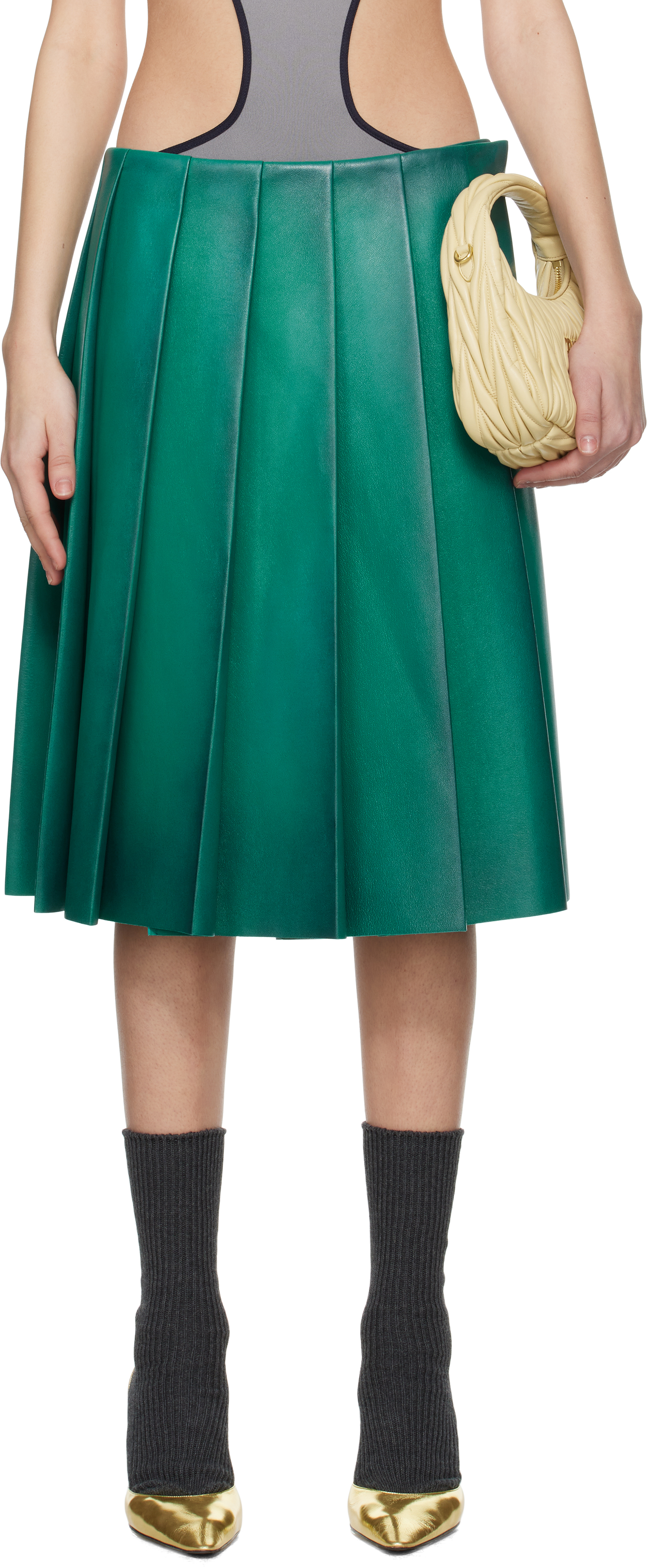 Miu Miu: Blue Pleated Nappa Leather Midi Skirt | SSENSE Canada