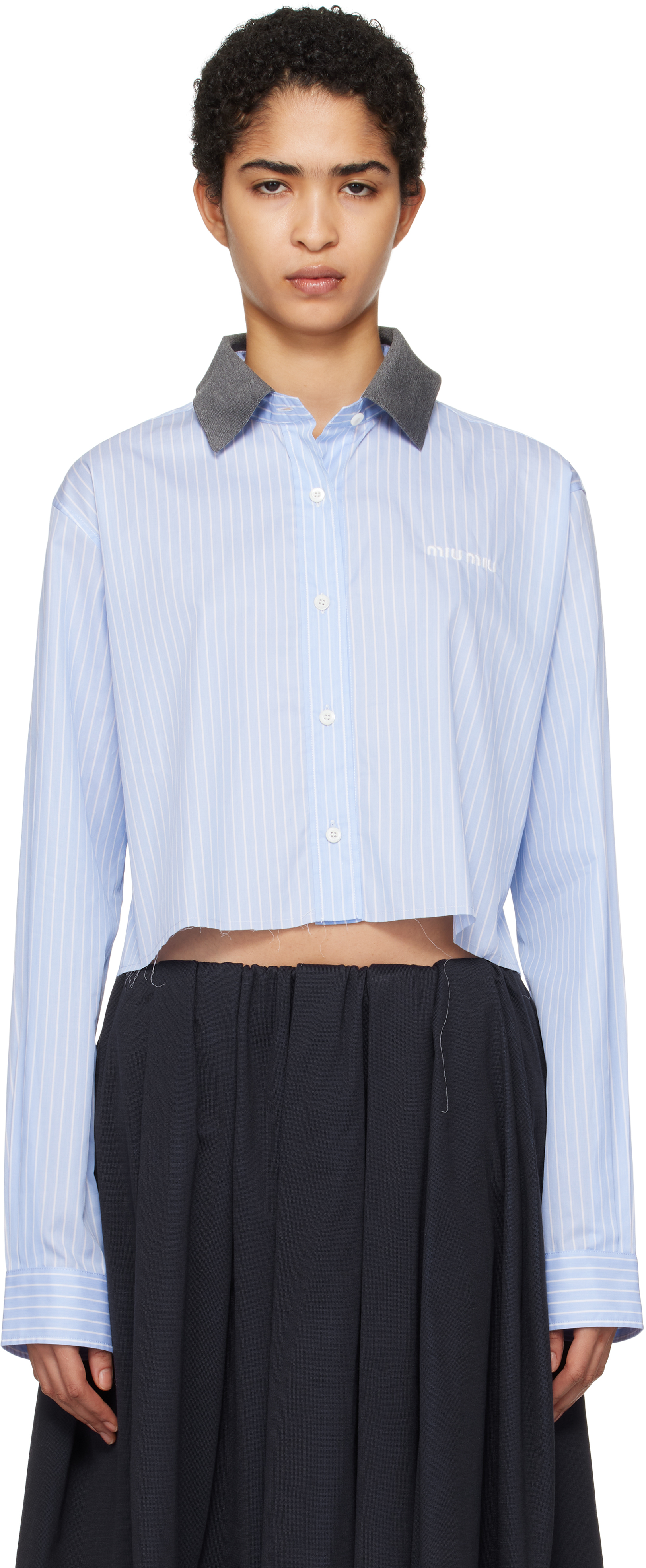 Miu Miu: Blue Cropped Poplin Striped Shirt | SSENSE Canada