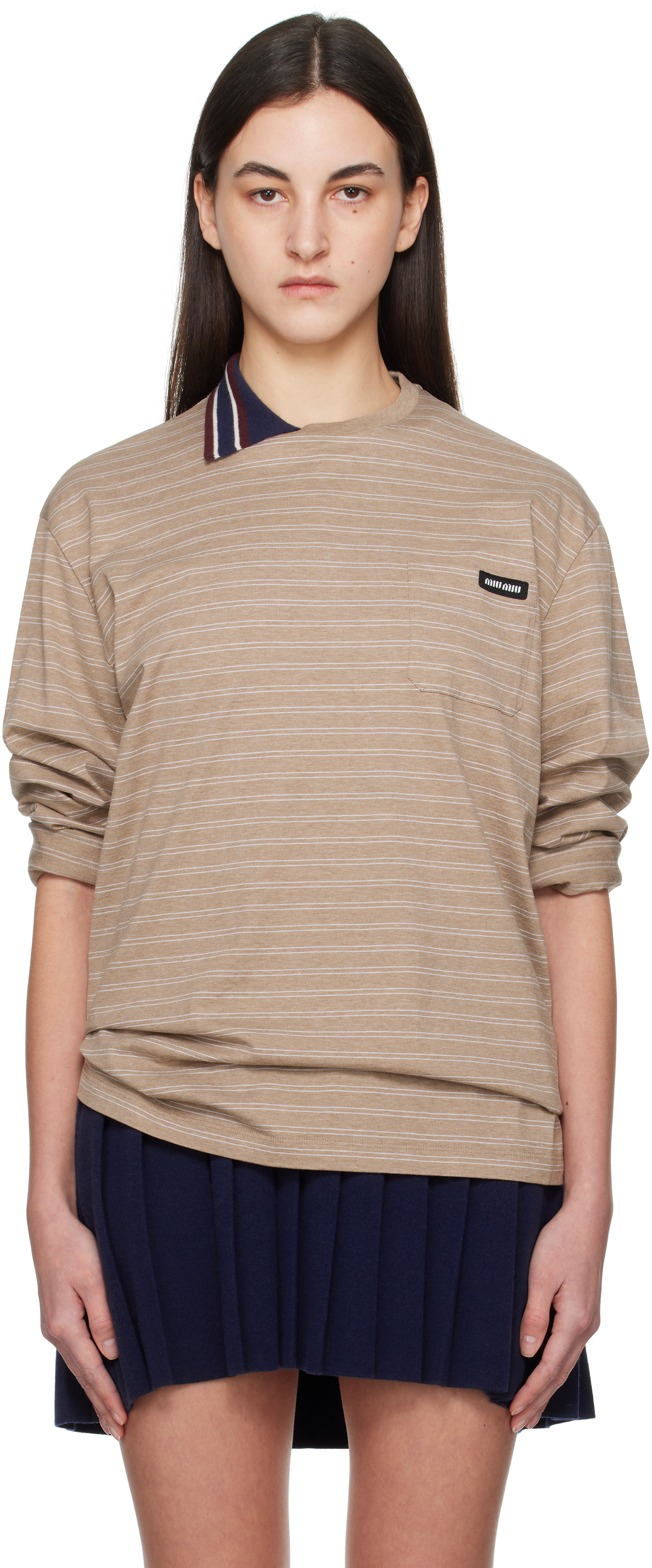 Miu Miu: Beige Long-Sleeved Cotton Jersey T-shirt | SSENSE