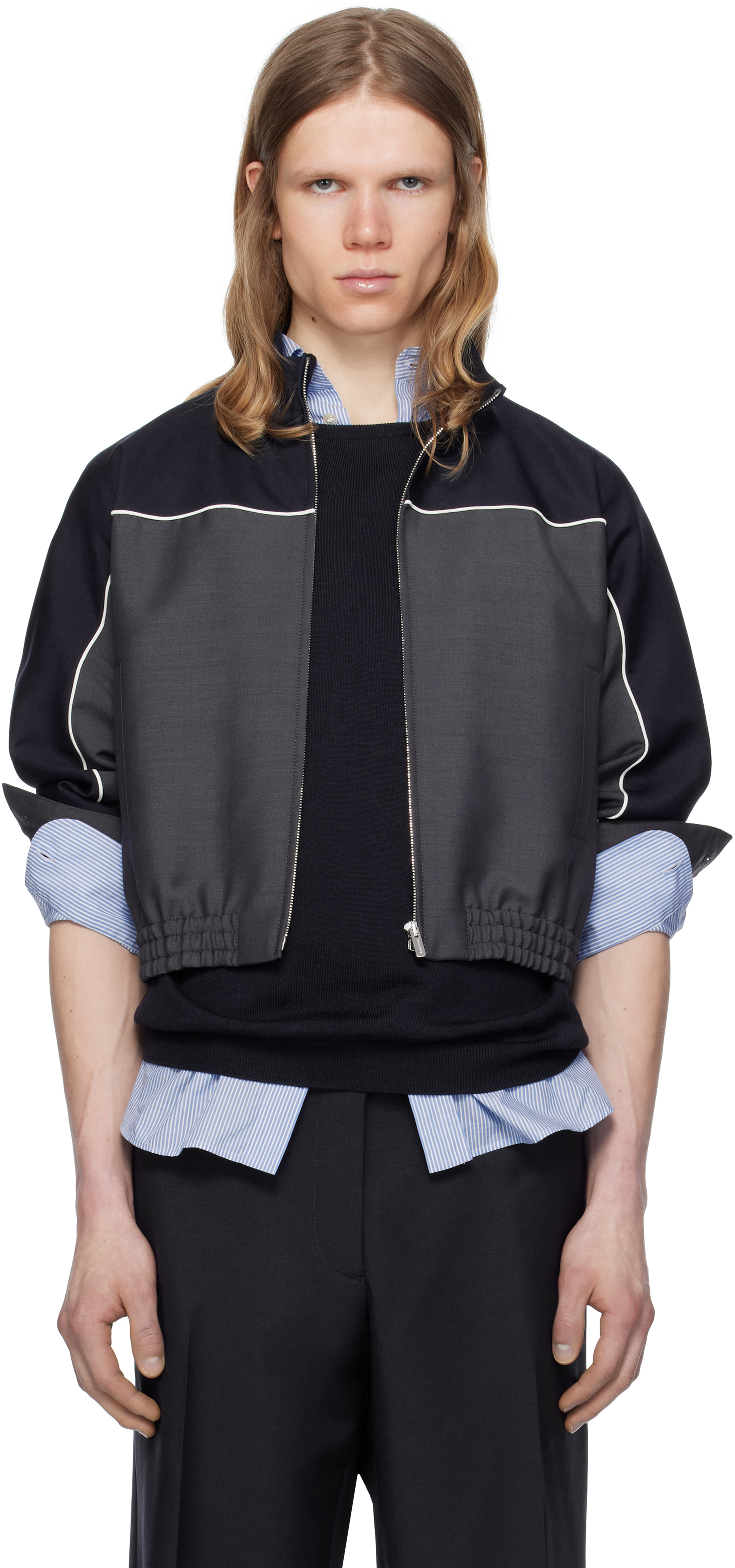 Miu Miu: Navy & Gray Kid Mohair Zipper Jacket | SSENSE Canada