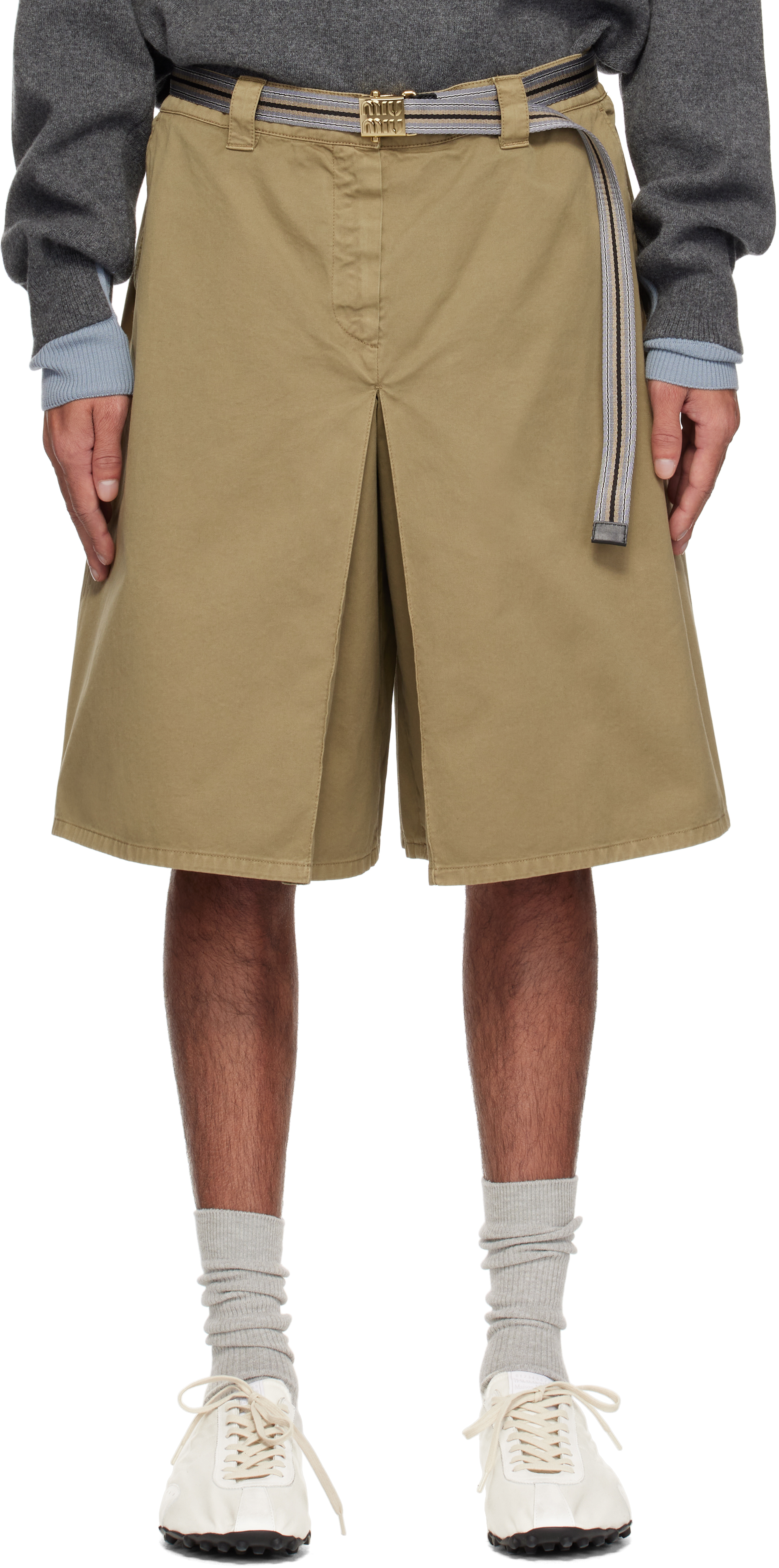 Miu Miu: Green Garment-Dyed Cotton Shorts | SSENSE Canada