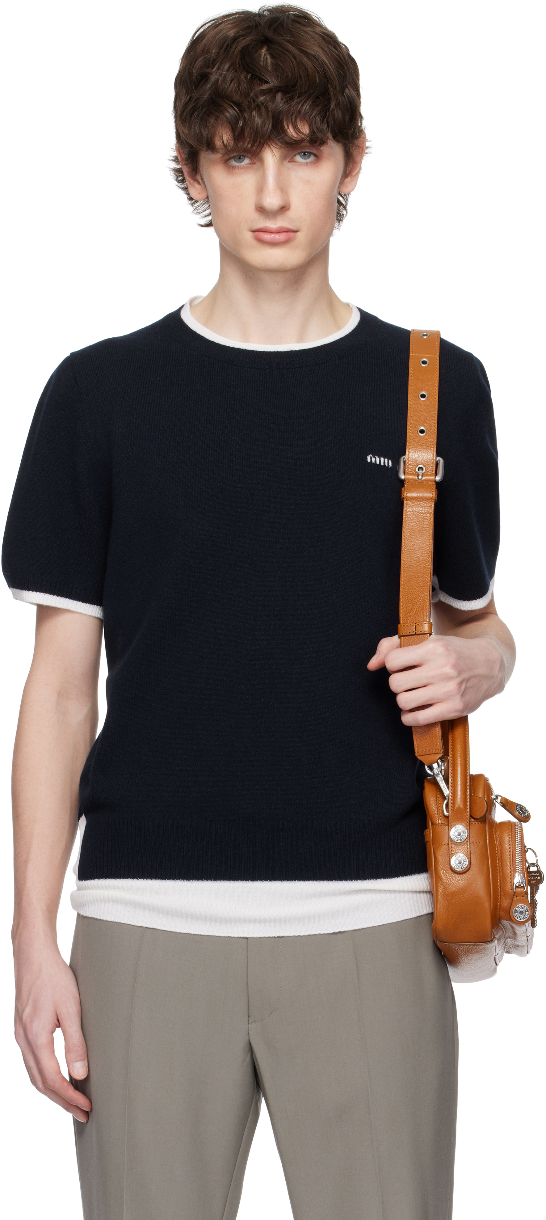 Miu Miu: Navy Cashmere & Wool Crew-Neck T-shirt | SSENSE Canada