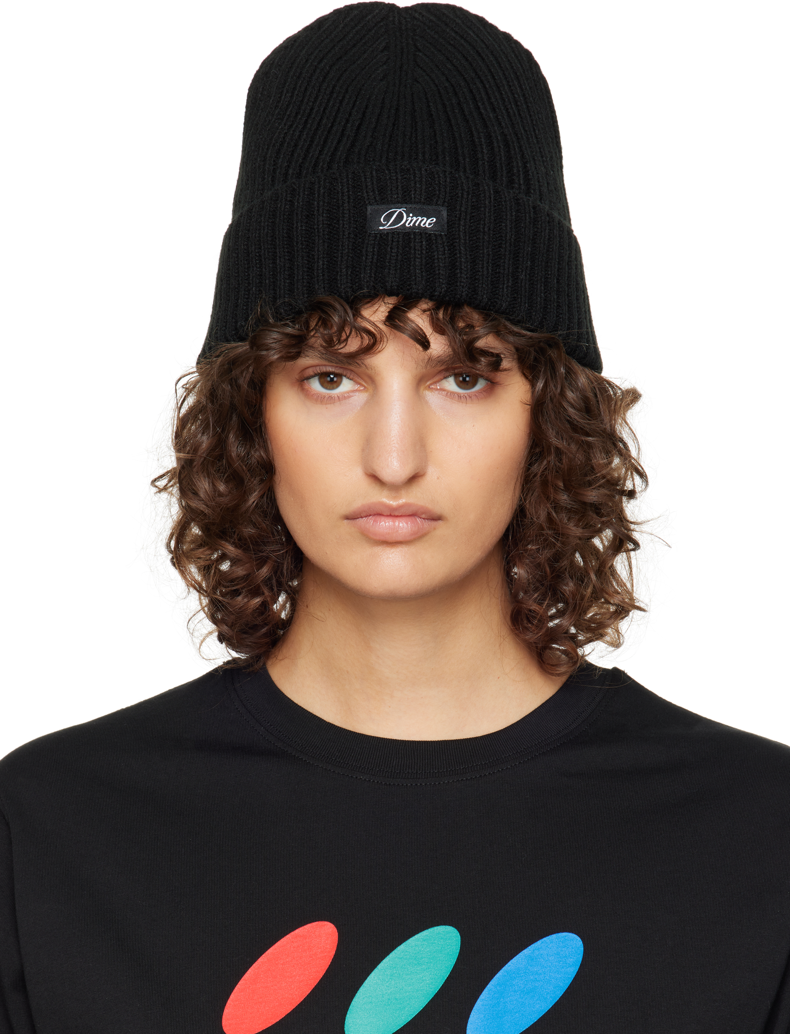 Black Cursive Fold Beanie by Dime on Sale