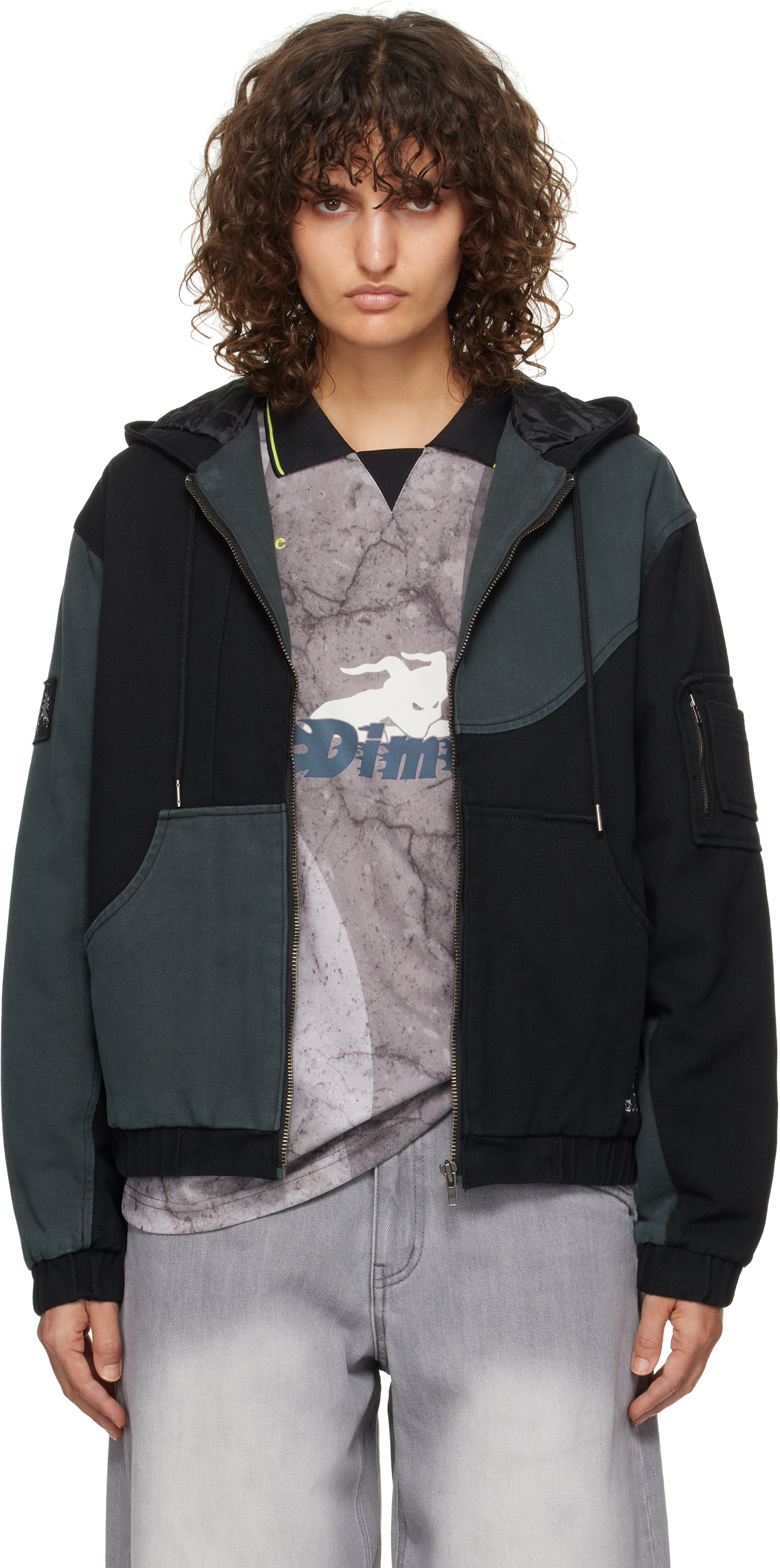 Black & Gray Panel Denim Hooded Bomber Jacket