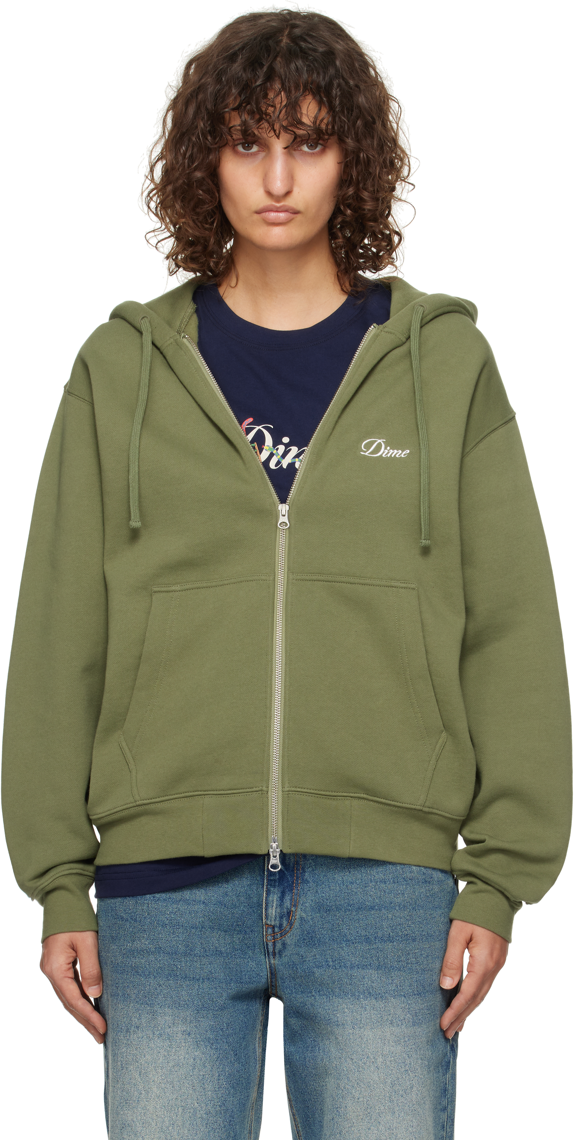 Shop Dime Green Cursive Zip Hoodie In Army Green