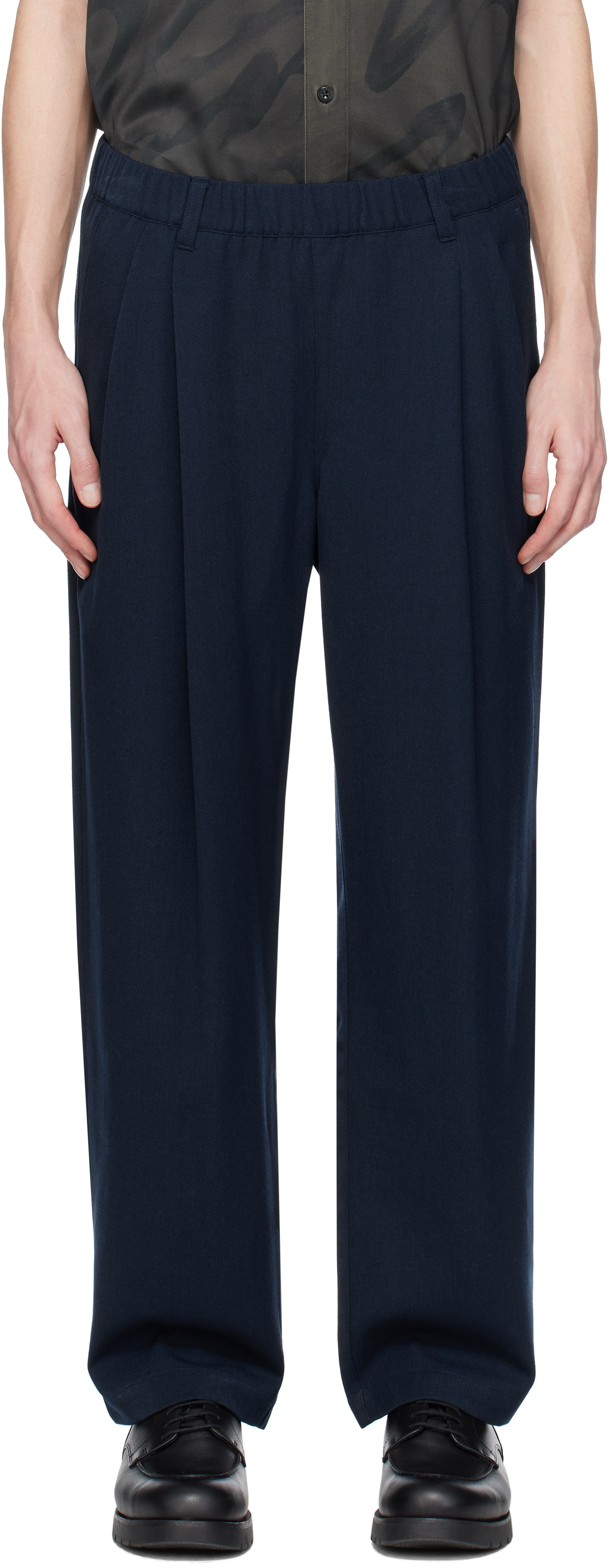 Navy Pleated Twill Trousers