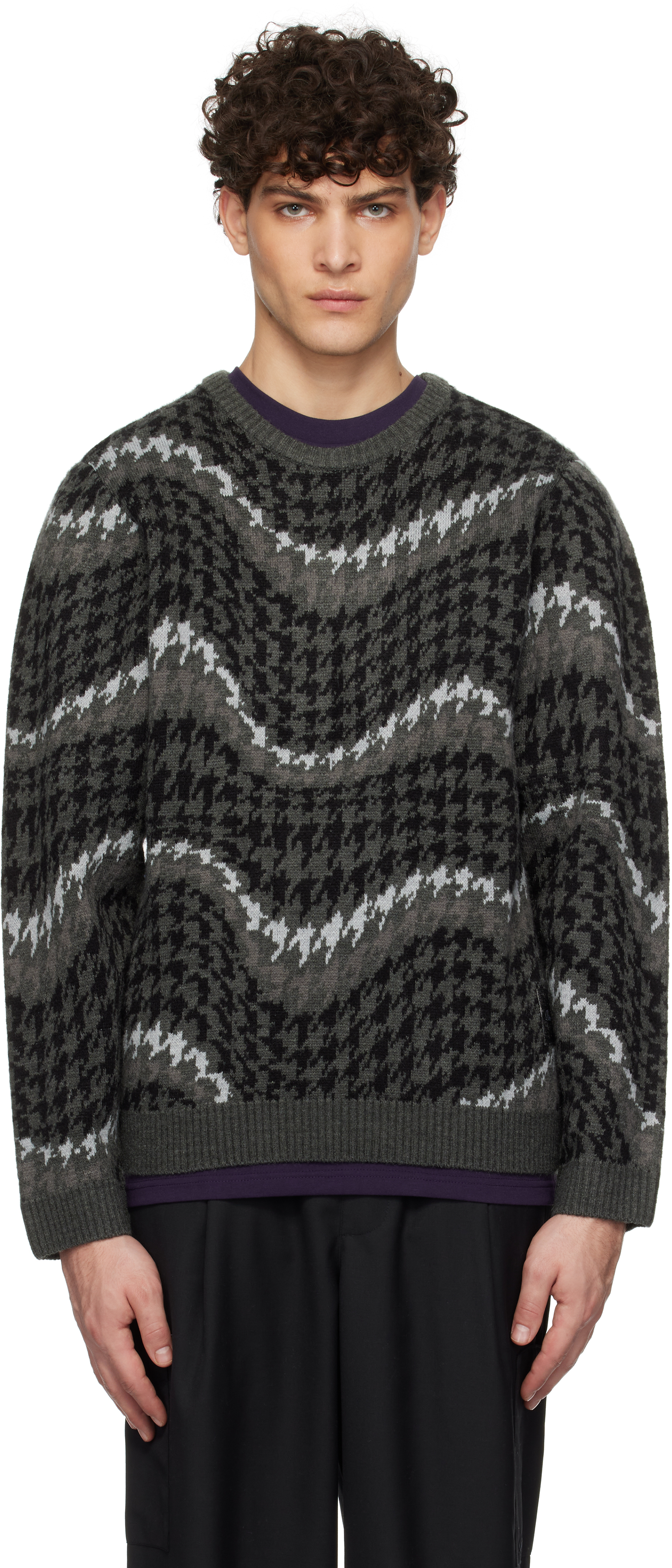 Gray Houndstooth Knit Sweater