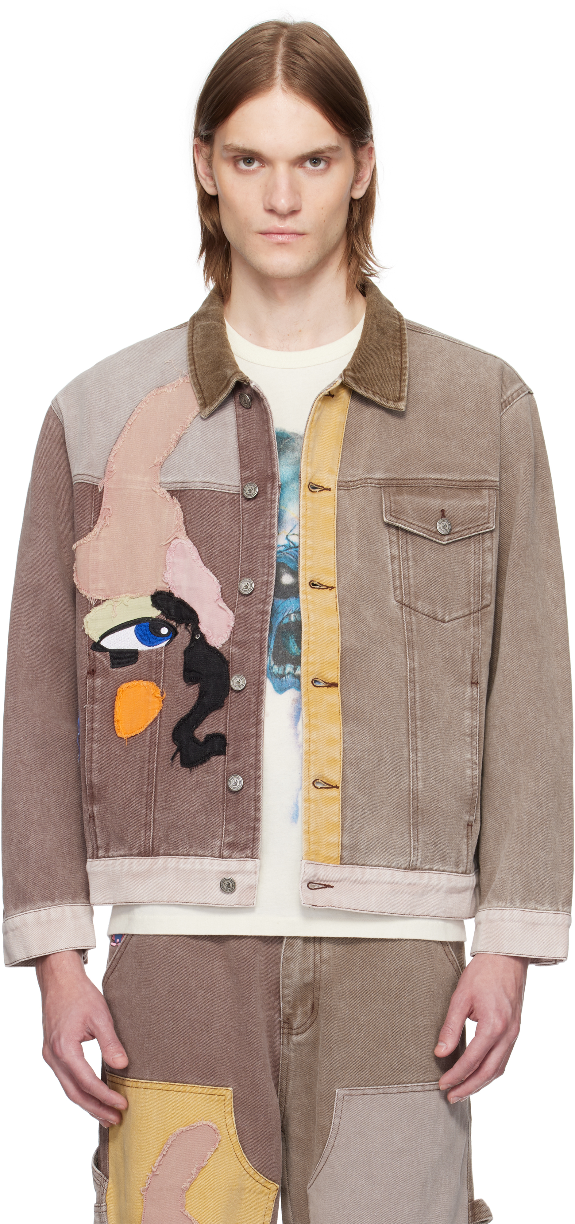 KidSuper: Brown Patchwork Face Colorblocked Twill Jacket