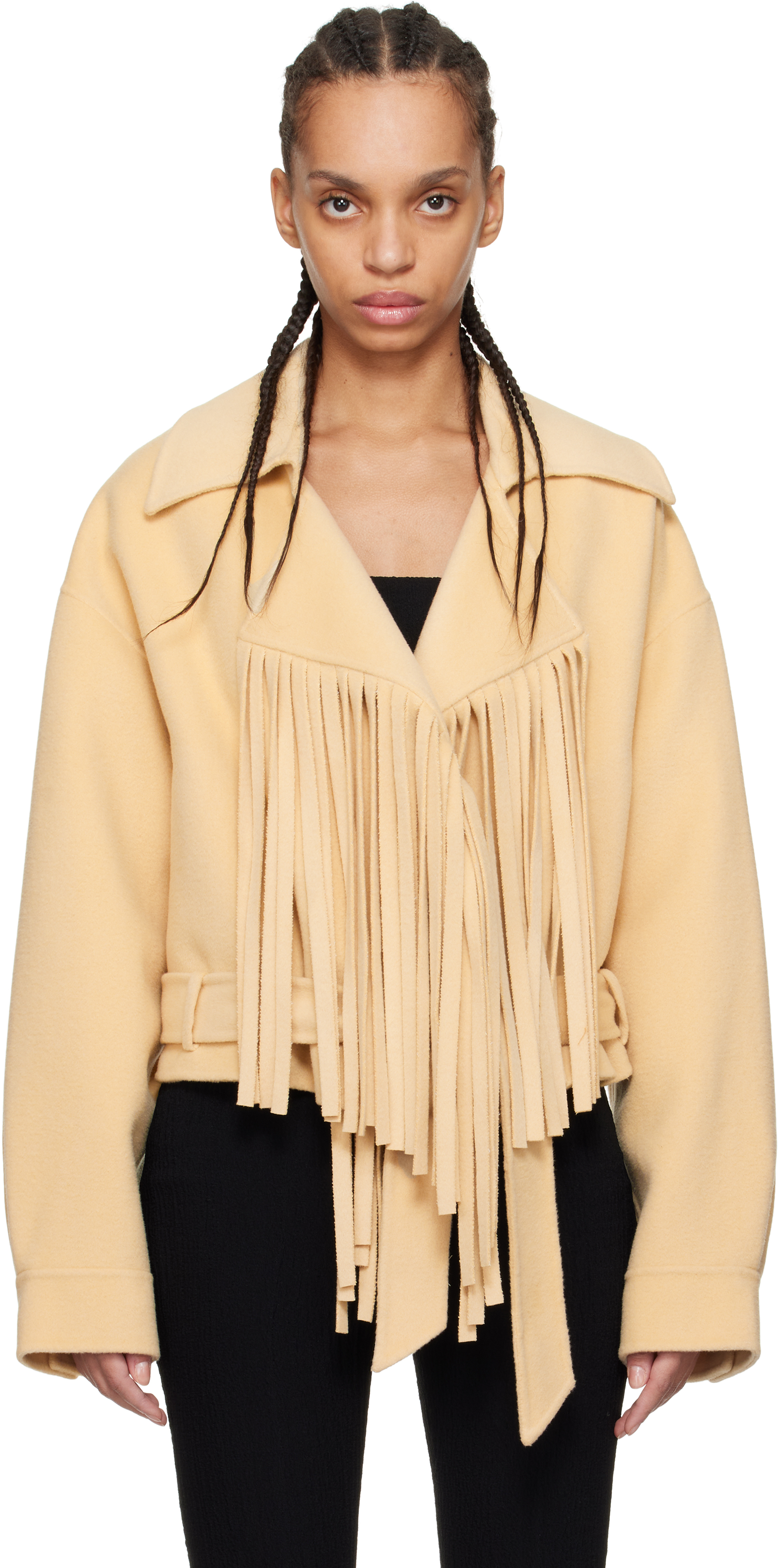 Beige Ticia Fringed Double Wool Jacket