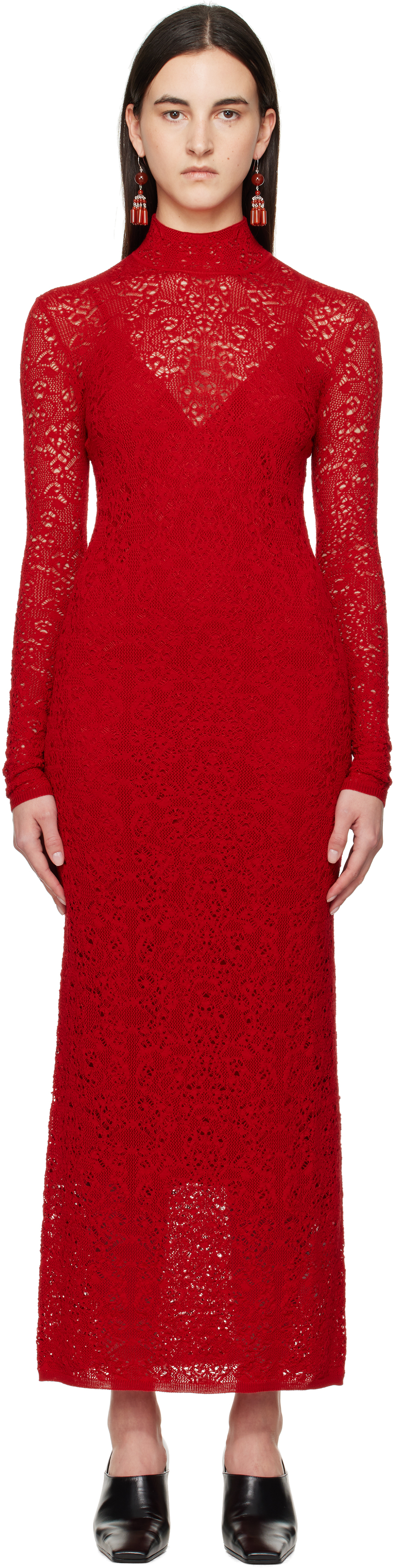 Red Lethe Pointelle Knit Maxi Dress