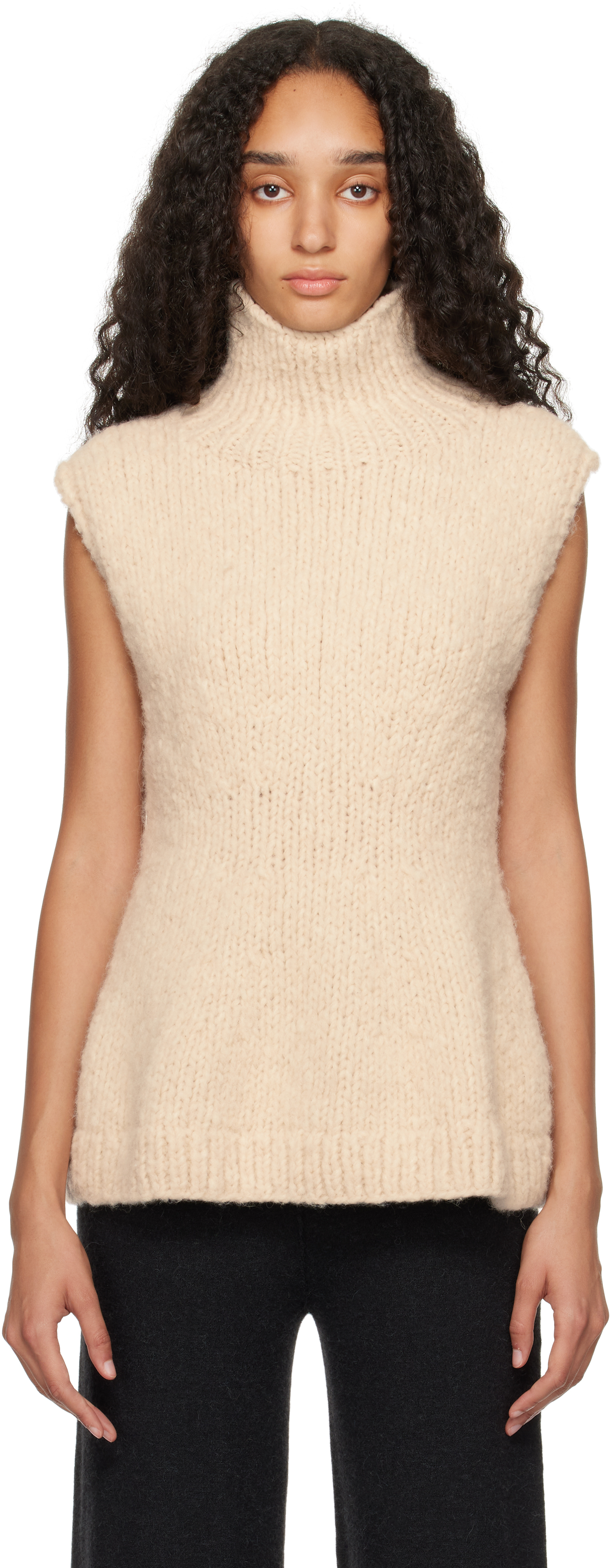 Beige Handknit Peplum Shell Turtleneck