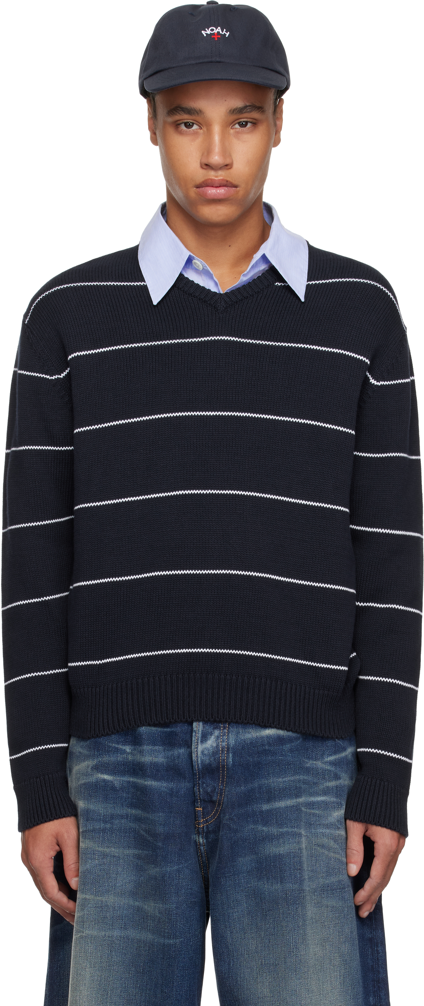 Navy Striped V-Neck Sweater